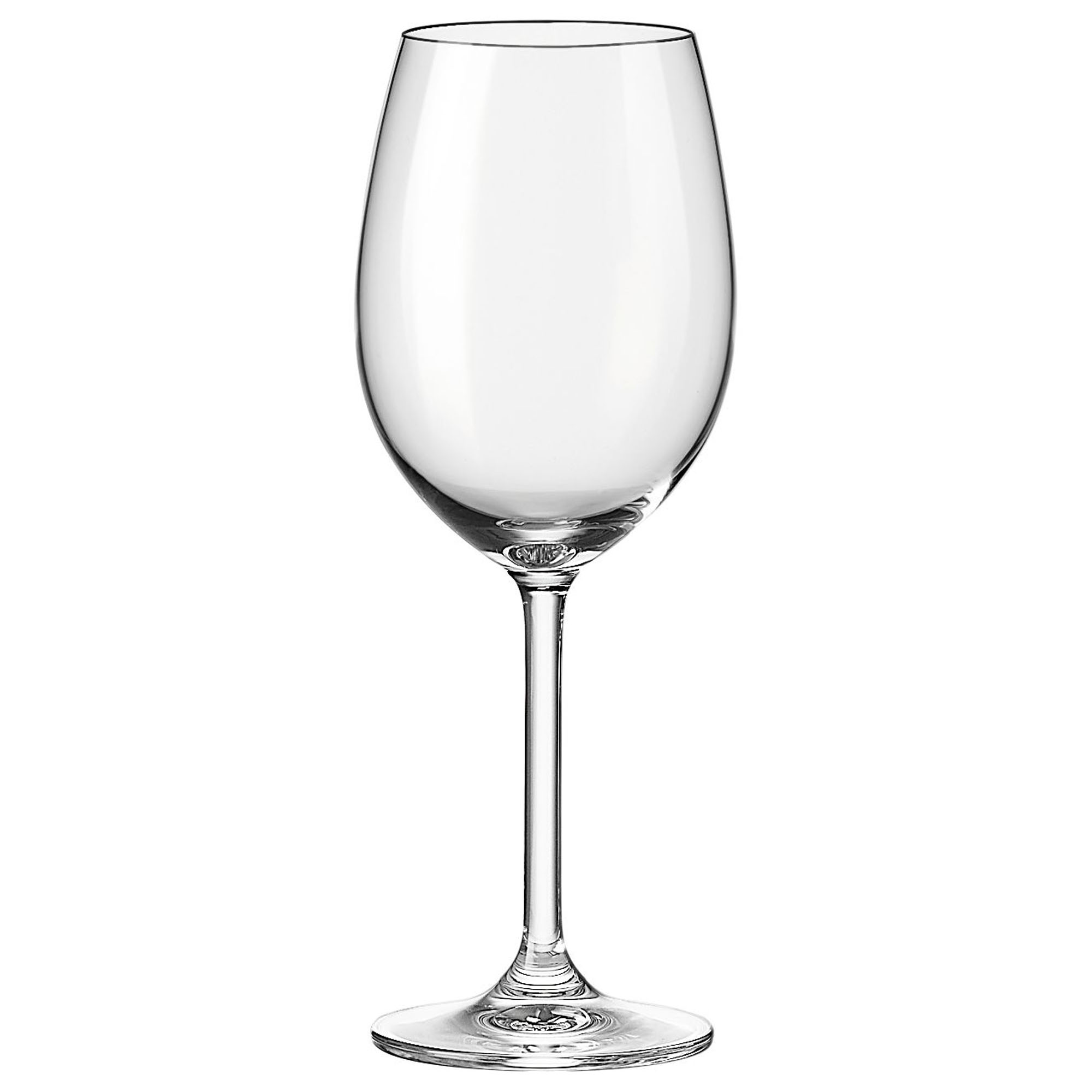 Leeres Rotweinglas aus transparentem Glas mit langem Stiel und bauchiger Form vor hellem Hintergrund