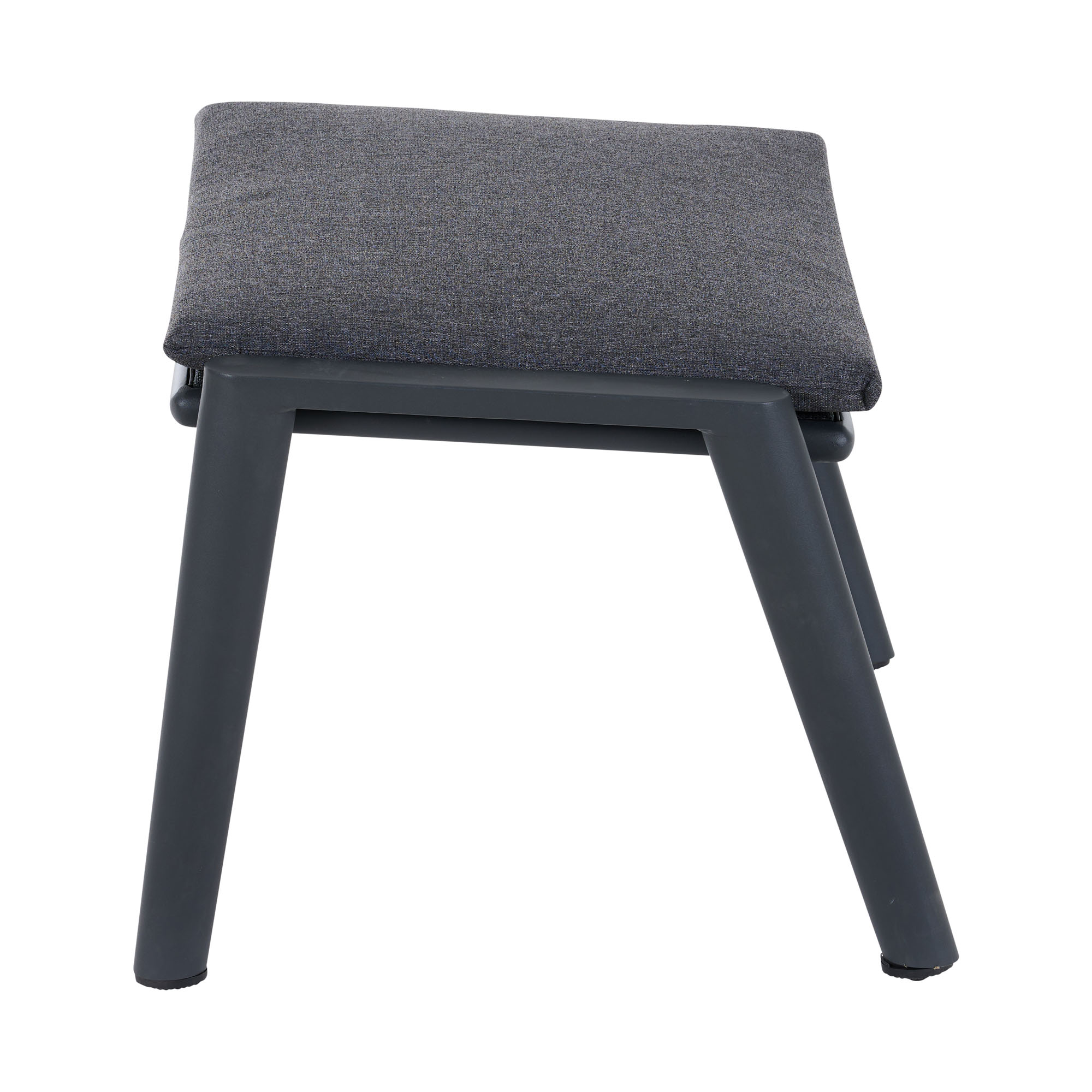 Dunkelgrauer Hocker mit Aluminiumgestell und Polsterkissen, seitlich von hinten aufgenommen
