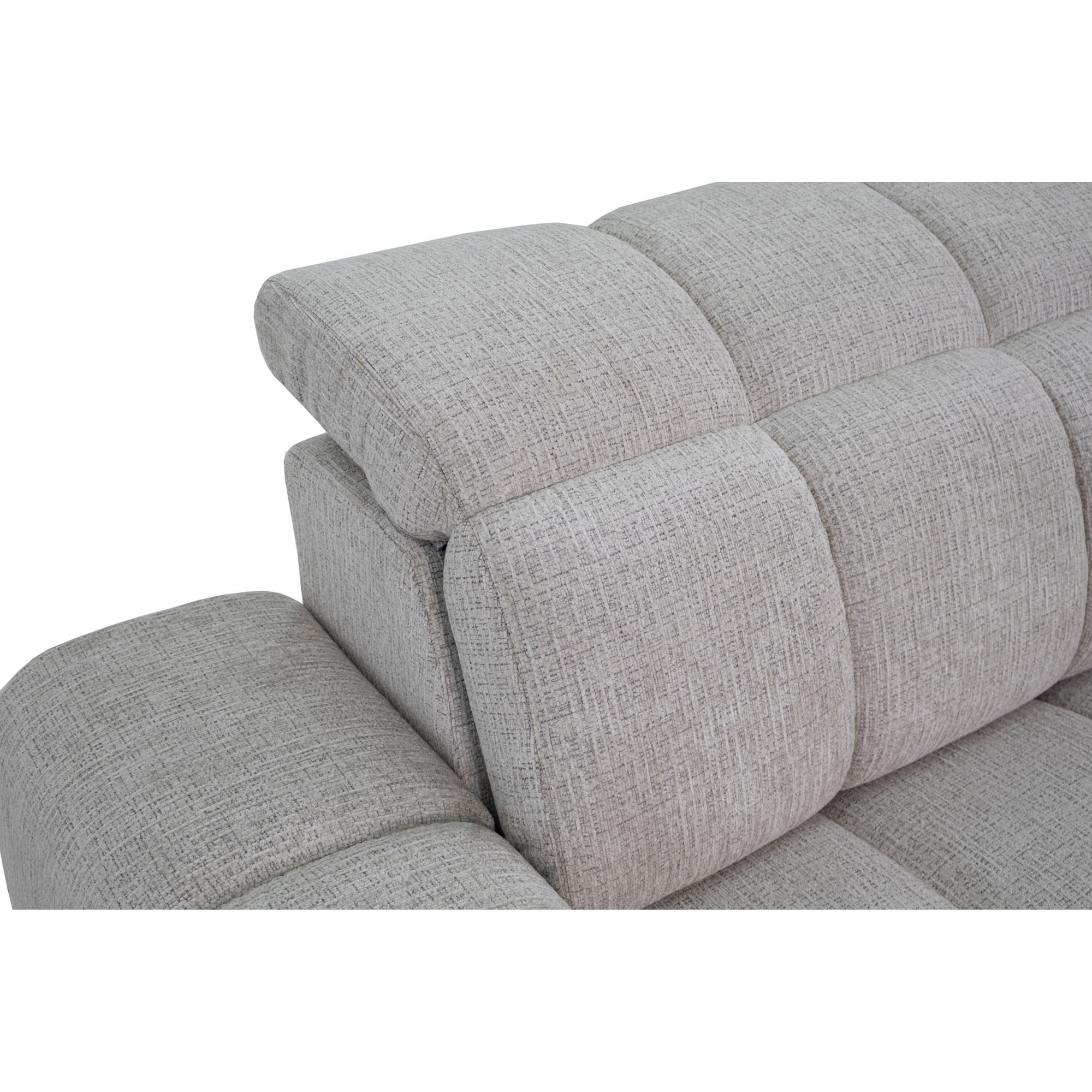 Nahaufnahme der gepolsterten Rückenlehne mit hochgestellter Kopfstütze und strukturierter Oberfläche des Bezugs B831 Kansas 5 linen