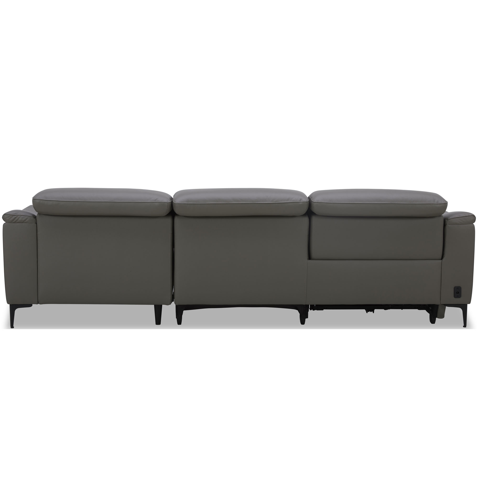 Rückansicht des Ecksofas mit drei Rückenlehnen und schmalen Füßen