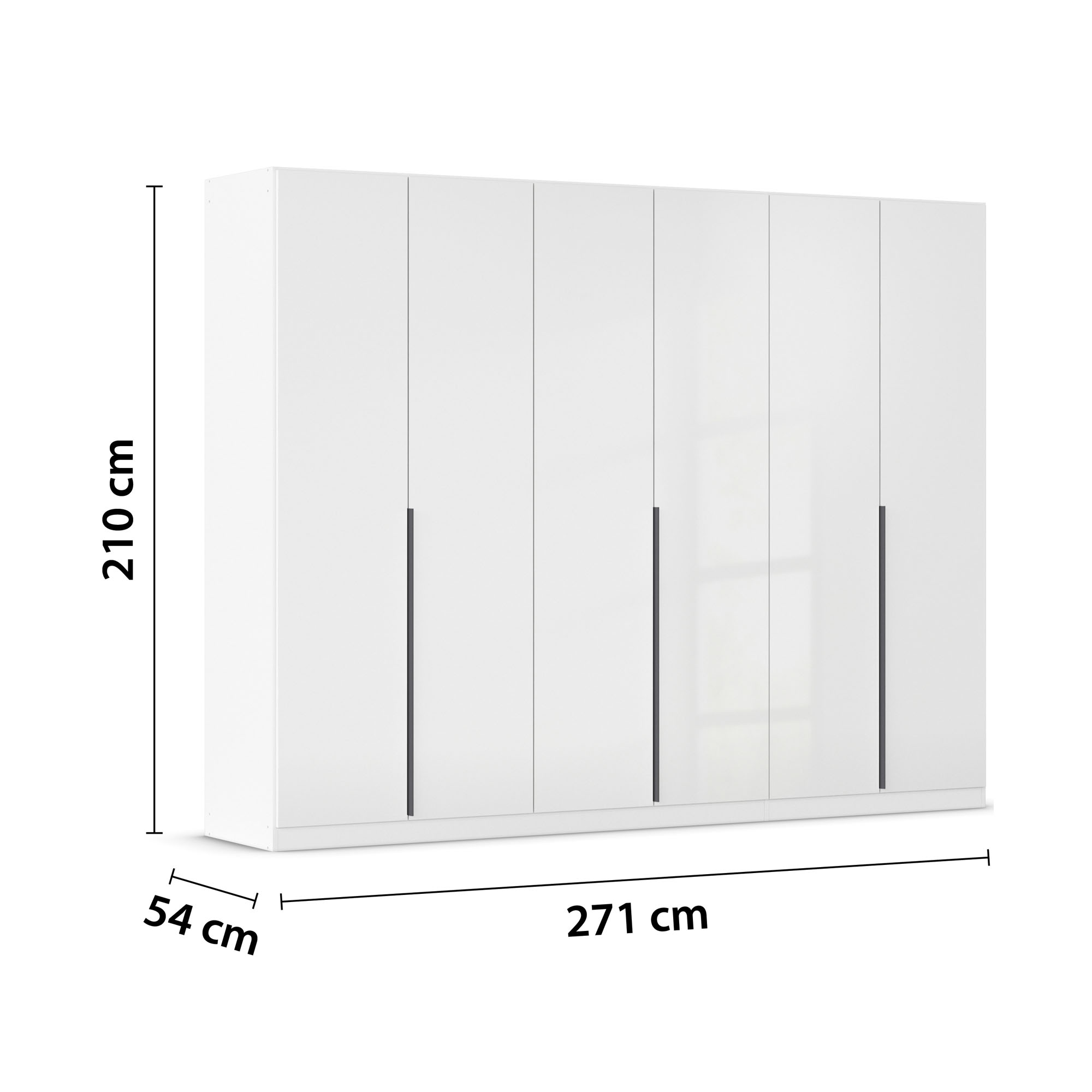 Weißer Hochglanz Drehtürenschrank mit sechs Türen und Maßangaben 271 cm Breite, 210 cm Höhe und 54 cm Tiefe
