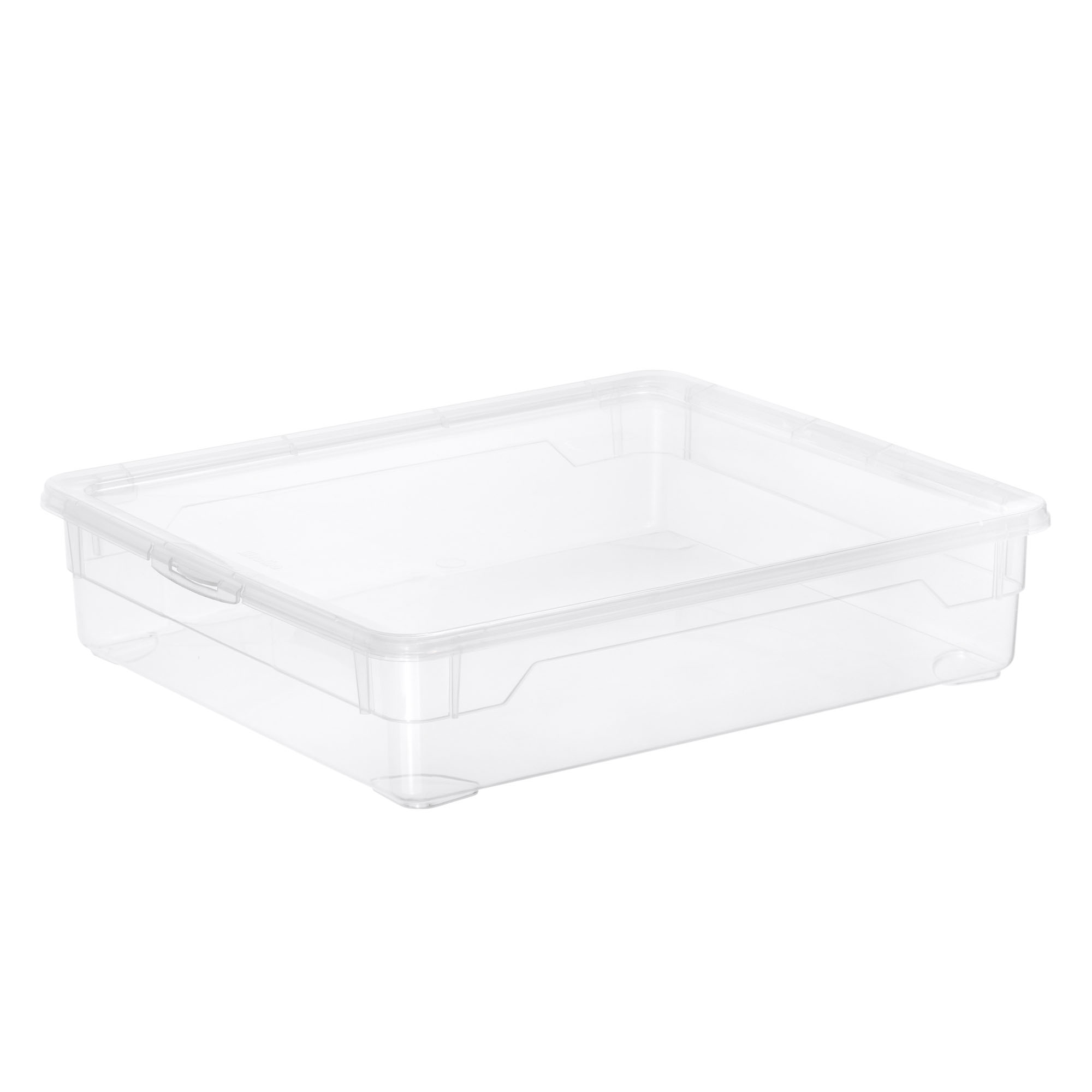 Flache rechteckige Aufbewahrungsbox aus transparentem Kunststoff ohne Deckel