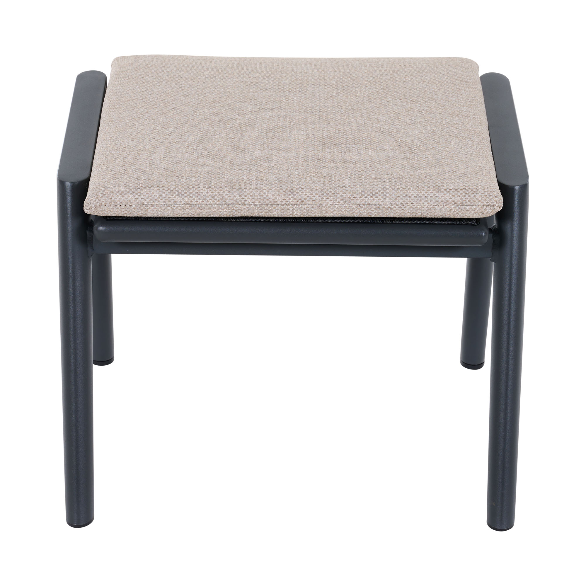 Moderner Gartenhocker mit beigem Sitzpolster und stabilem Aluminiumrahmen in Anthrazit, frontal aufgenommen.