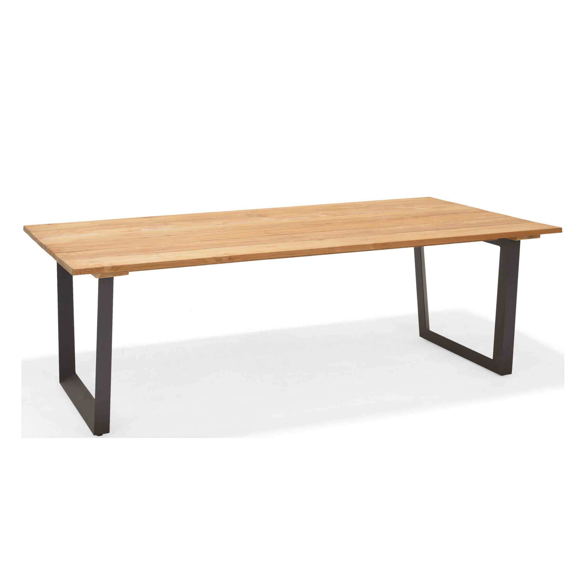 Rechteckiger Gartentisch mit Tischplatte aus hellem Holz und stabilem, schwarz pulverbeschichtetem Metallgestell.