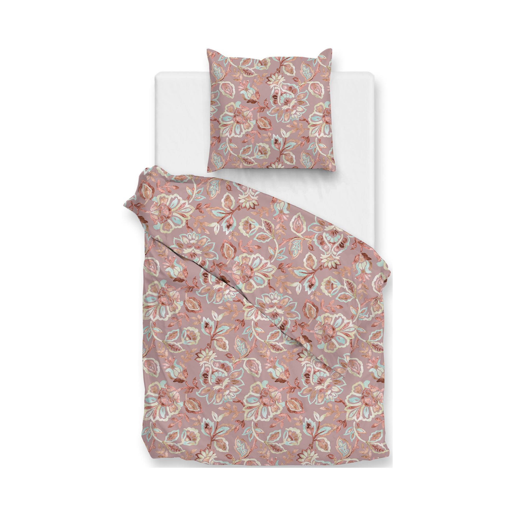 Bettwäsche Franca in Pink, 135 x 200 cm: freigestellte Garnitur mit ornamentalem Blumenmuster in Rosa-, Rot-, Beige- und Türkistönen.