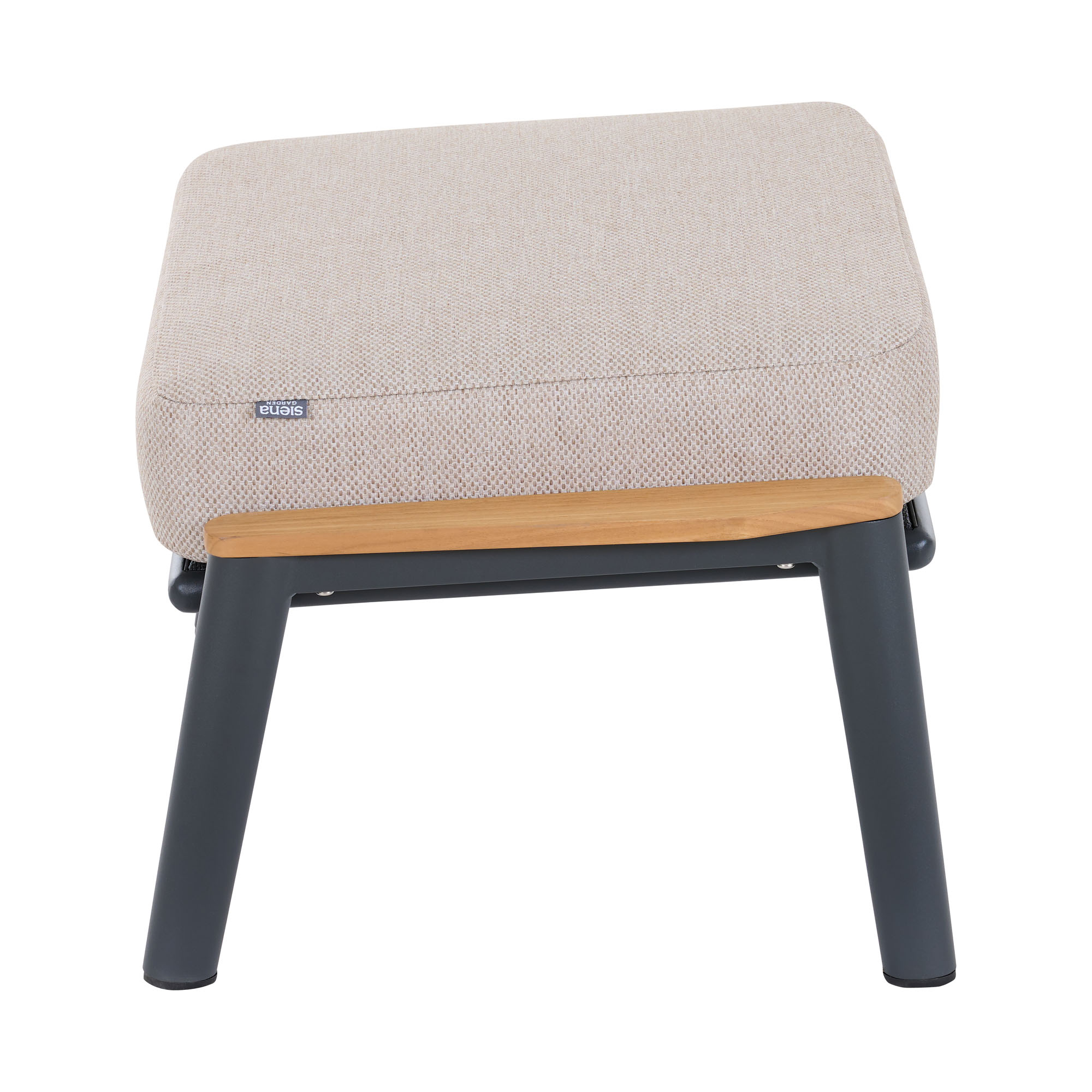Seitenansicht eines Gartenhockers mit Holzdekor und beigem Sitzpolster, Gestell aus dunklem Metall.