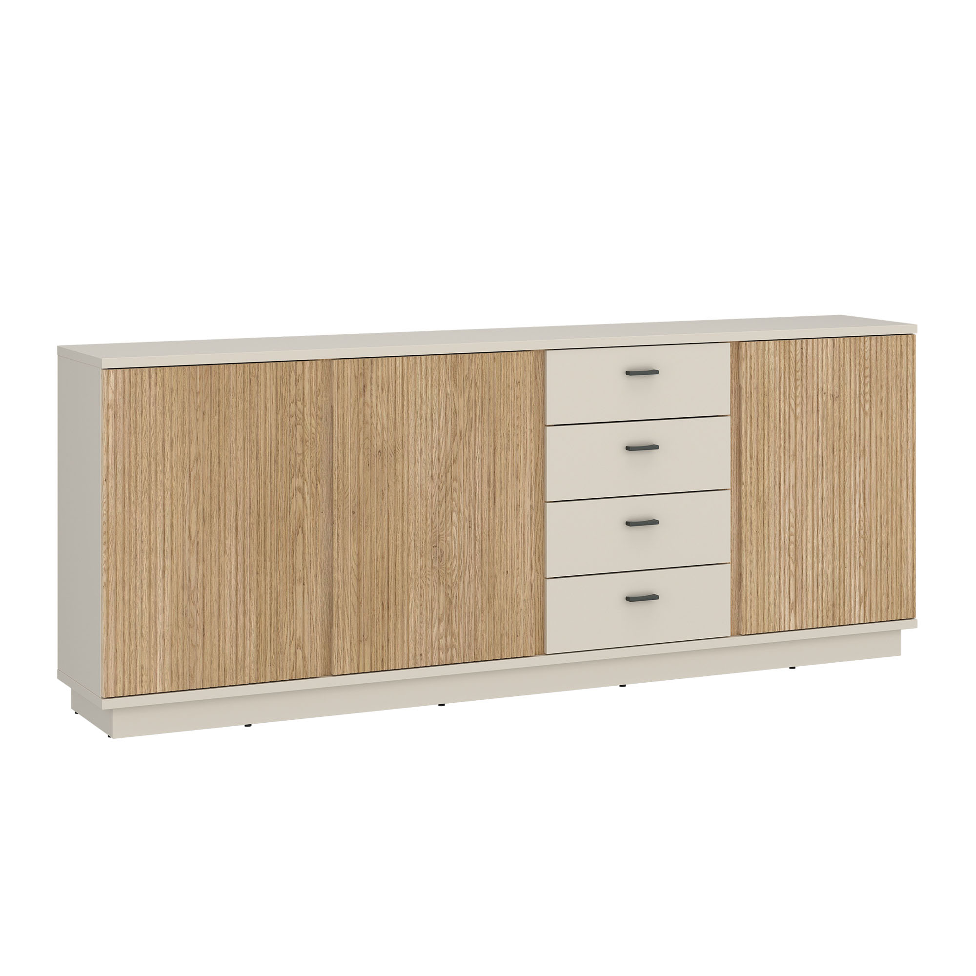 Geradliniges Sideboard in Kaschmir und Eiche mit zwei Türen, vier mittigen Schubladen und modernem Design