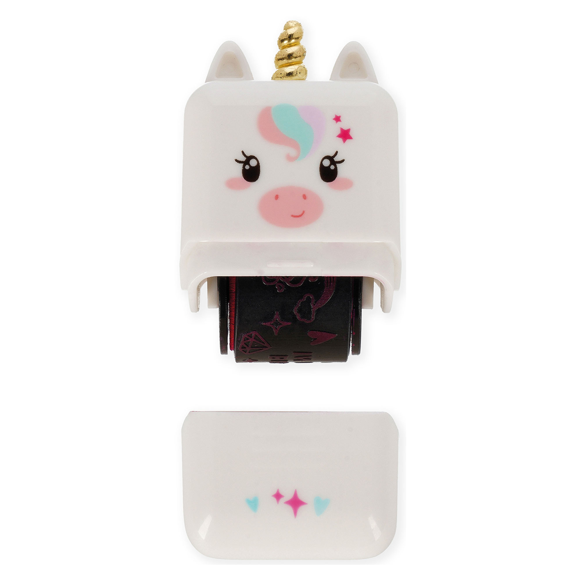 Weißer Deko-Rollstempel im Einhorn-Design, mit abgenommener Kappe und sichtbarer Stempelwalze dargestellt.