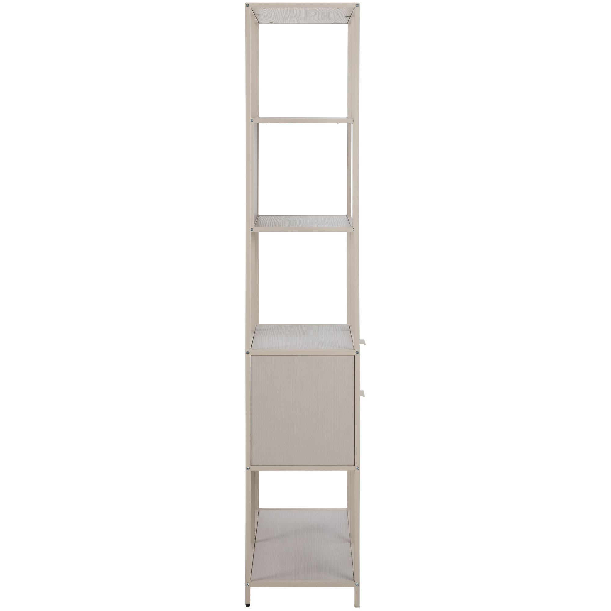 Seitenansicht des grauen Regals, bei der die Tiefe und die schlanke Bauweise deutlich werden. Das matte Finish des Korpus und Gestells ist gut erkennbar