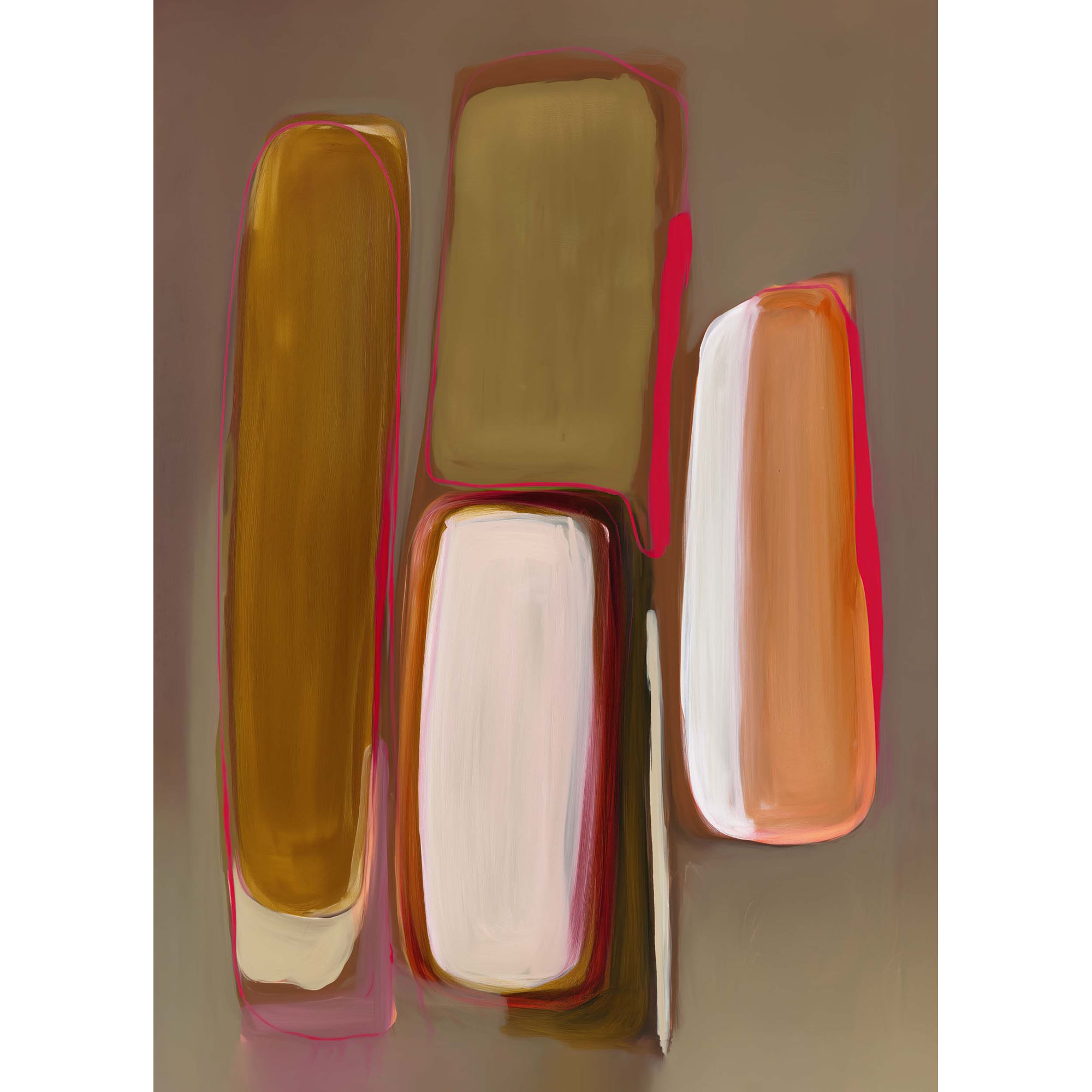 Hochformatiges abstraktes Wandbild mit länglichen, abgerundeten Formen in Braun, Beige, Cremeweiß, Orange und Rot vor graubraunem Hintergrund
