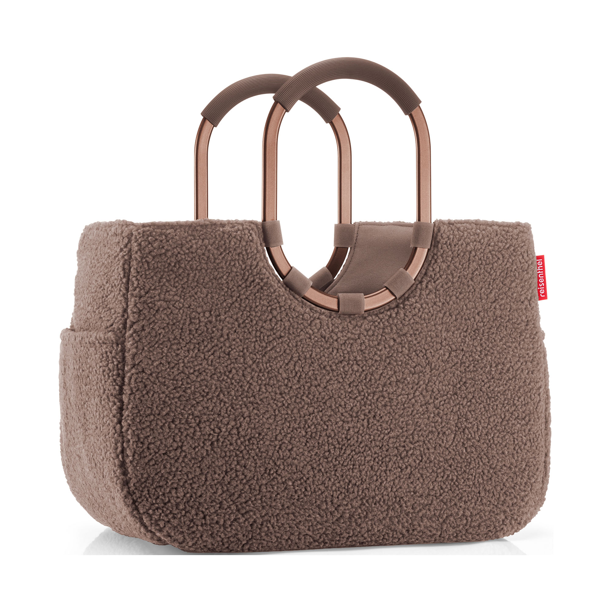 Shopper mit Ringgriffen von Reisenthel, Modell Loopshopper L, in Schokoladenbraun aus Teddyfleece, frontal mit zwei ovalen Ringgriffen
