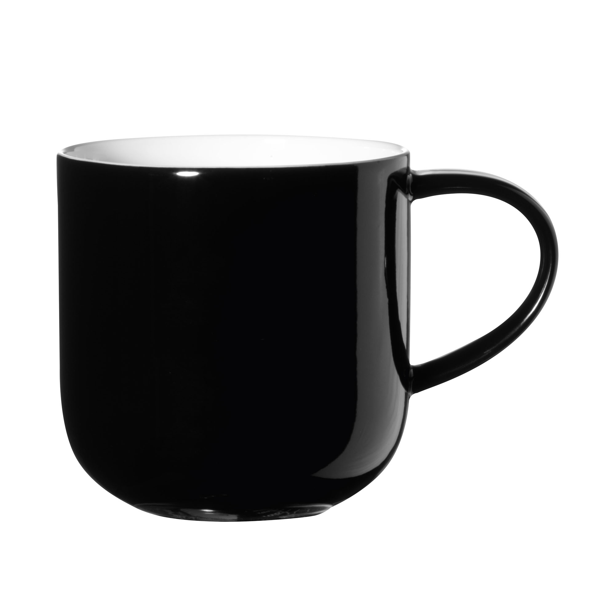 Henkelbecher der Serie Coppa, Farbe Schwarz glänzend, freigestellt auf hellem Hintergrund.
