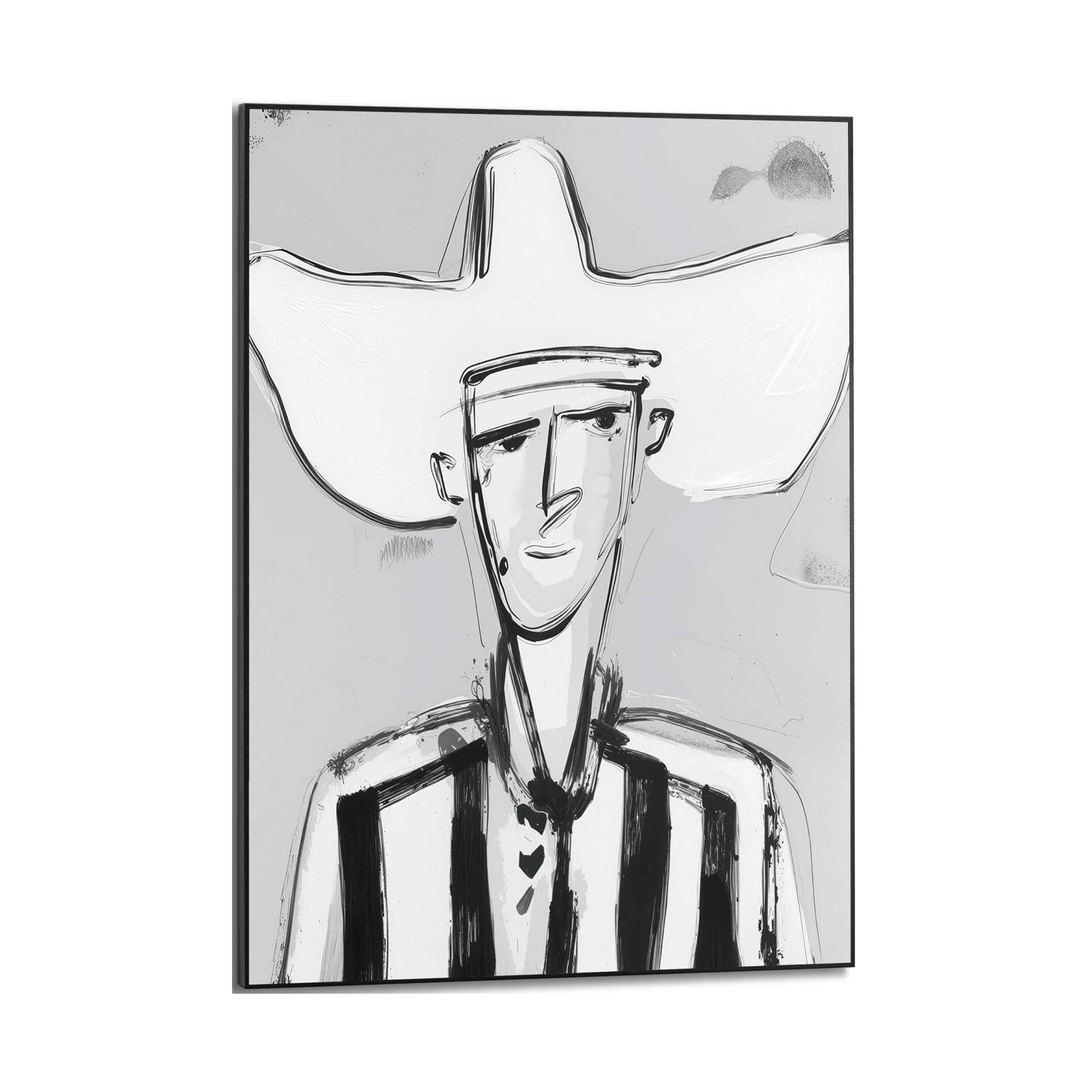 Frontansicht des Wandbilds „Modern Cowboy“ in Schwarz-Weiß, Größe 50 × 70 cm; das vollständige Motiv ist zu sehen.