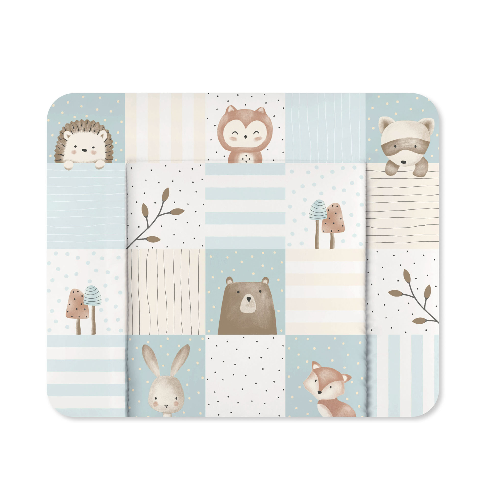 Wickelauflage in Blau-Beige mit Tiermotiven wie Igel, Fuchs, Bär und Hase im Patchwork-Design