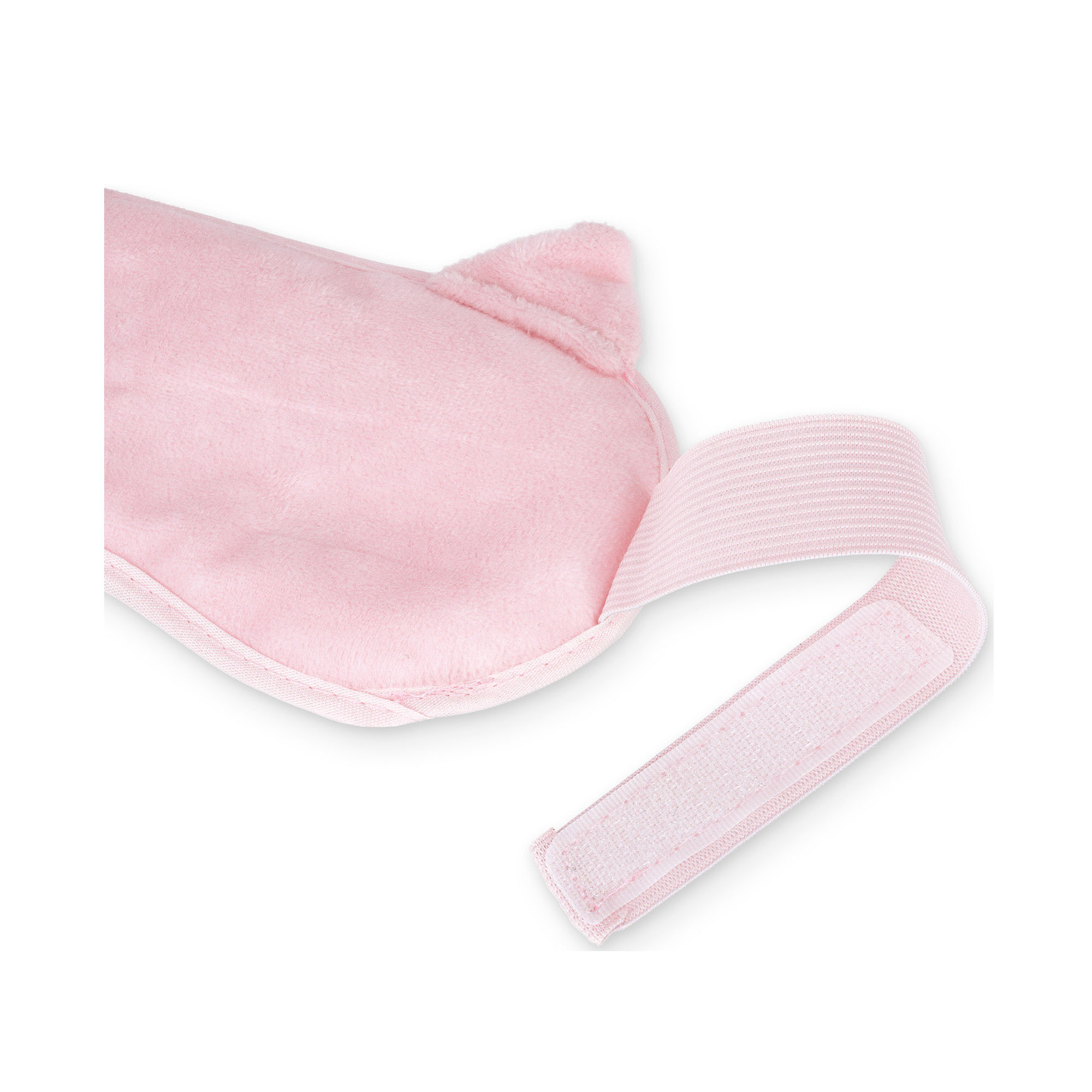 Rosa Gel-Augenmaske im Katzen-Design, von hinten mit weichem Stoff und elastischem Band gezeigt.