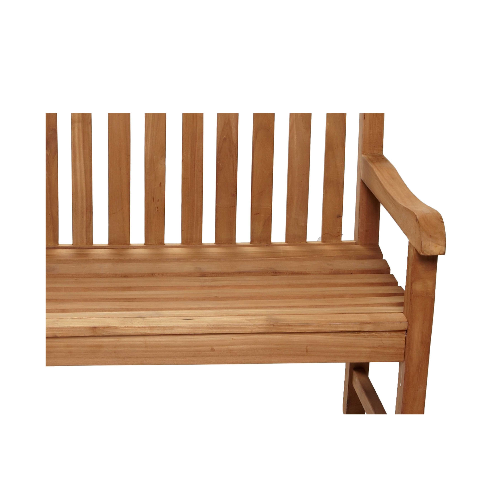 Detailansicht der Sitzfläche und rechten Armlehne einer Holzbank
