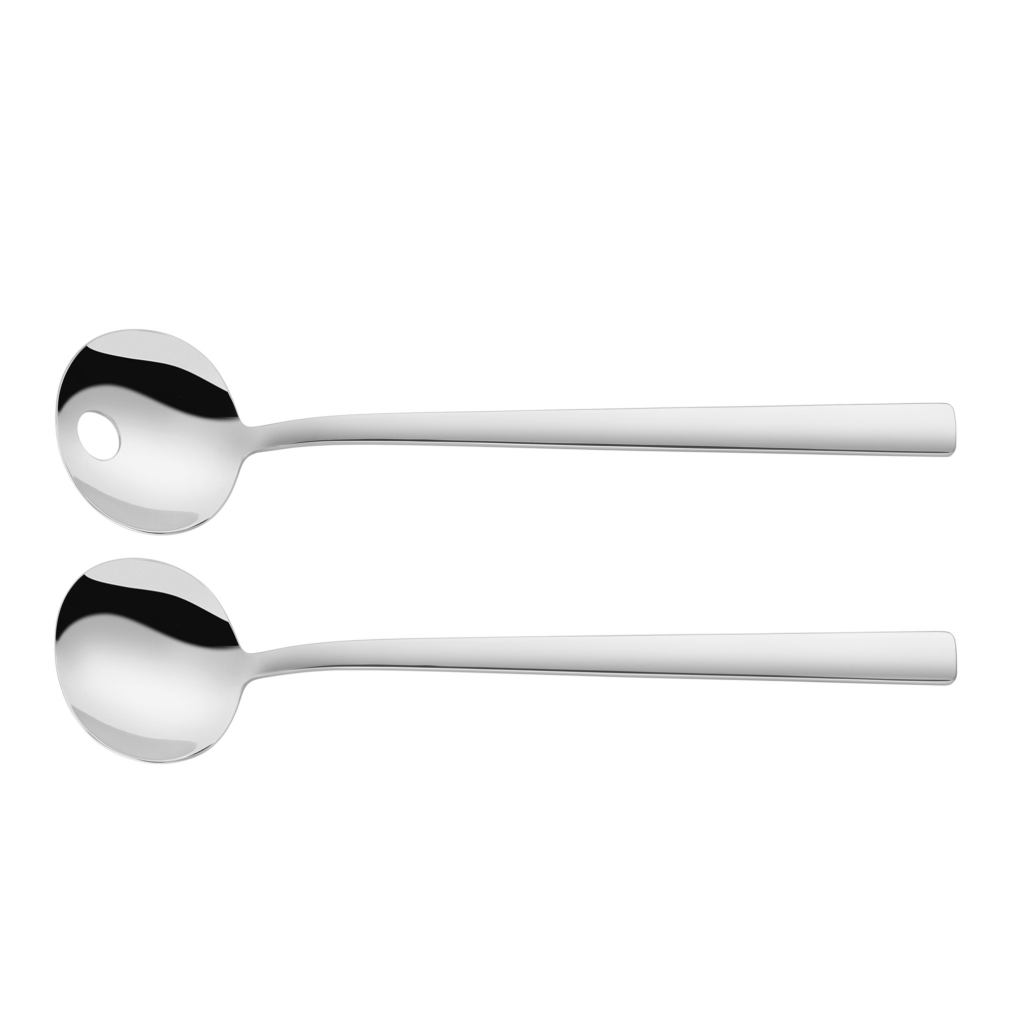 Zweiteiliges Salatbesteck aus Metall, Serie Dinner von ZWILLING, polierte Oberfläche, freigestellt auf weißem Hintergrund.