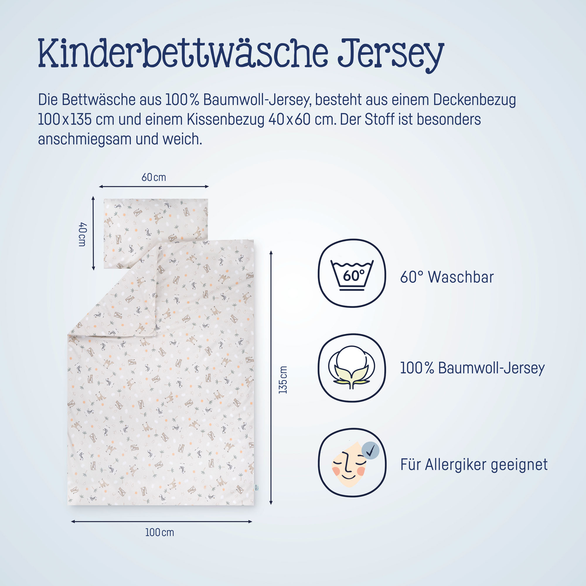 Darstellung der Bettwäschemaße 100×135 cm und 40×60 cm mit Symbolen zu Waschbarkeit, Baumwolle-Jersey und Allergiker-Eignung