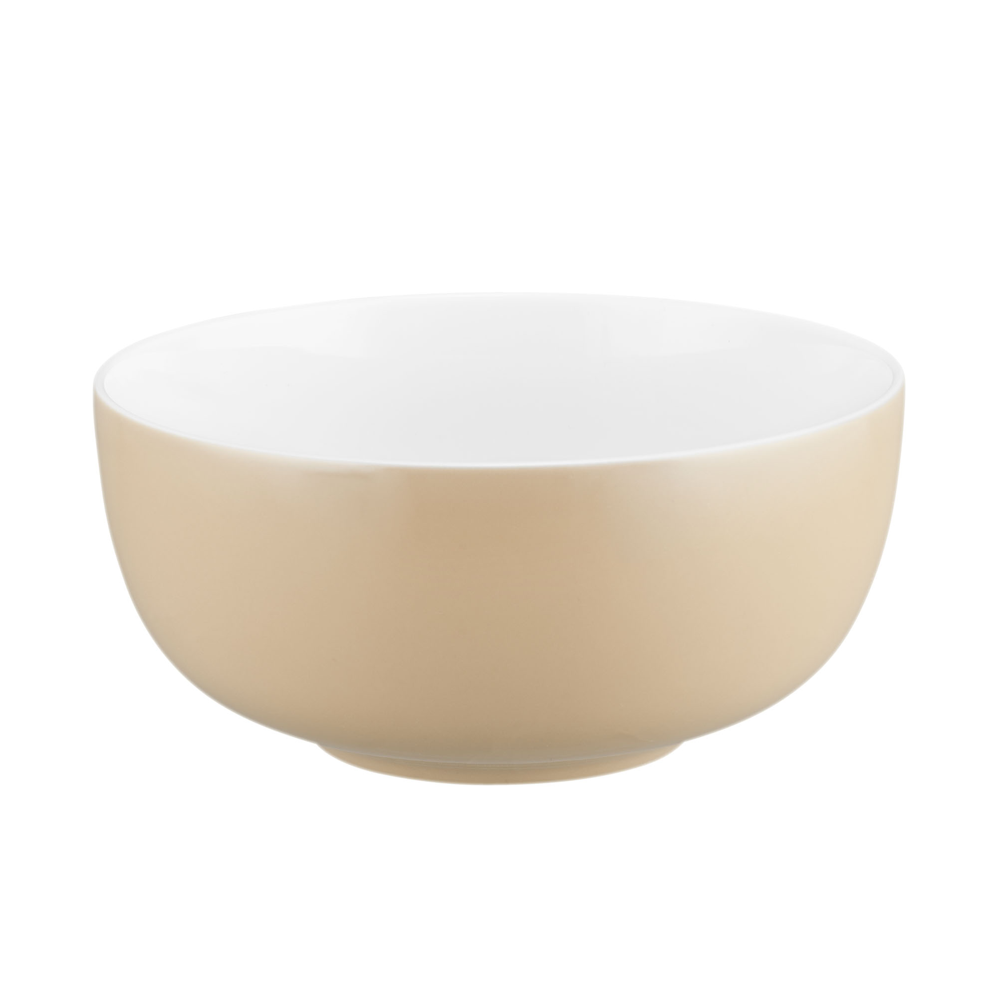 Schale in Beige und Weiß; beige Außenseite, weißer Innenraum und runde Form. Ansicht: schräge Ansicht von vorn.