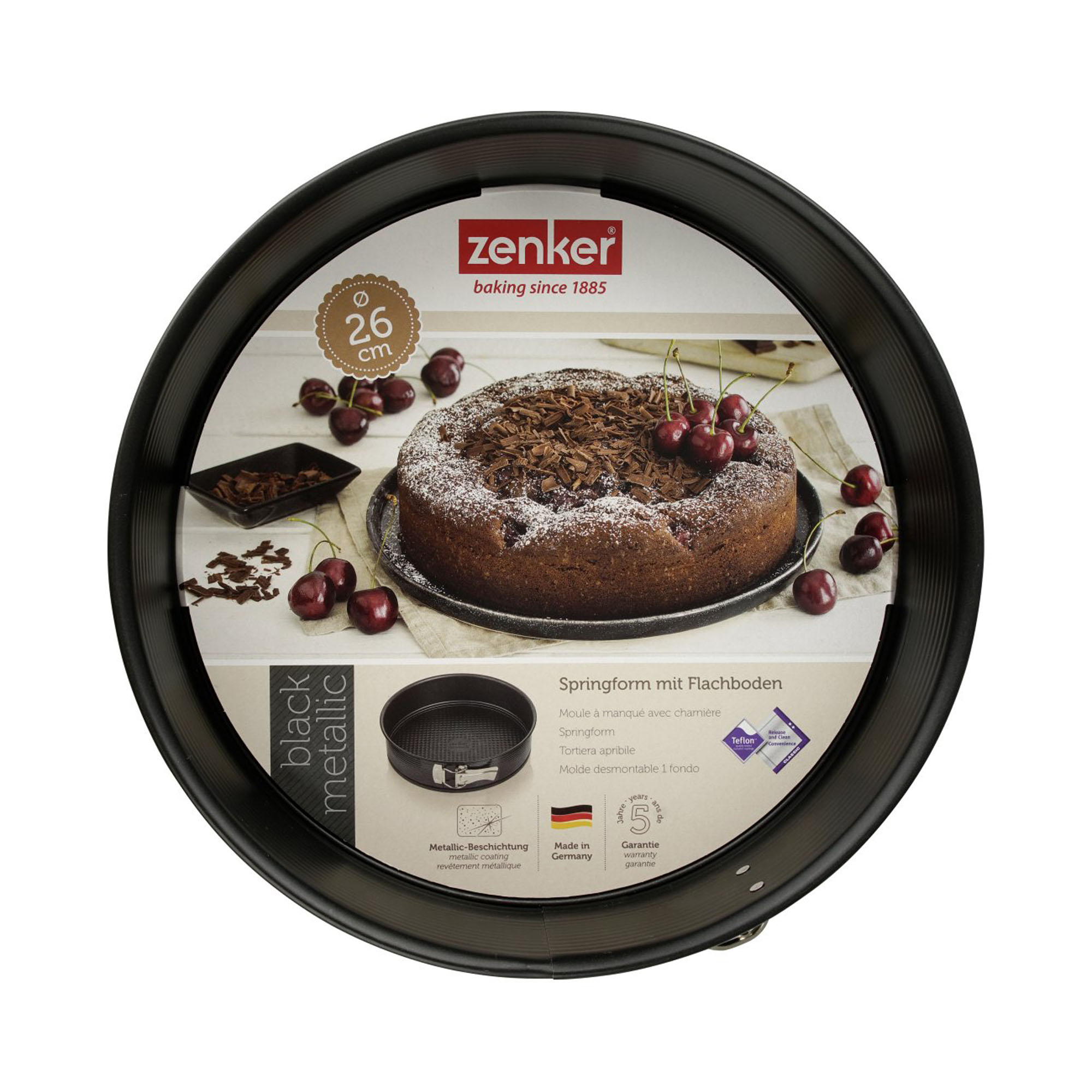 Verpackung der 26 cm Springform mit Kuchenmotiv und Produktinfos