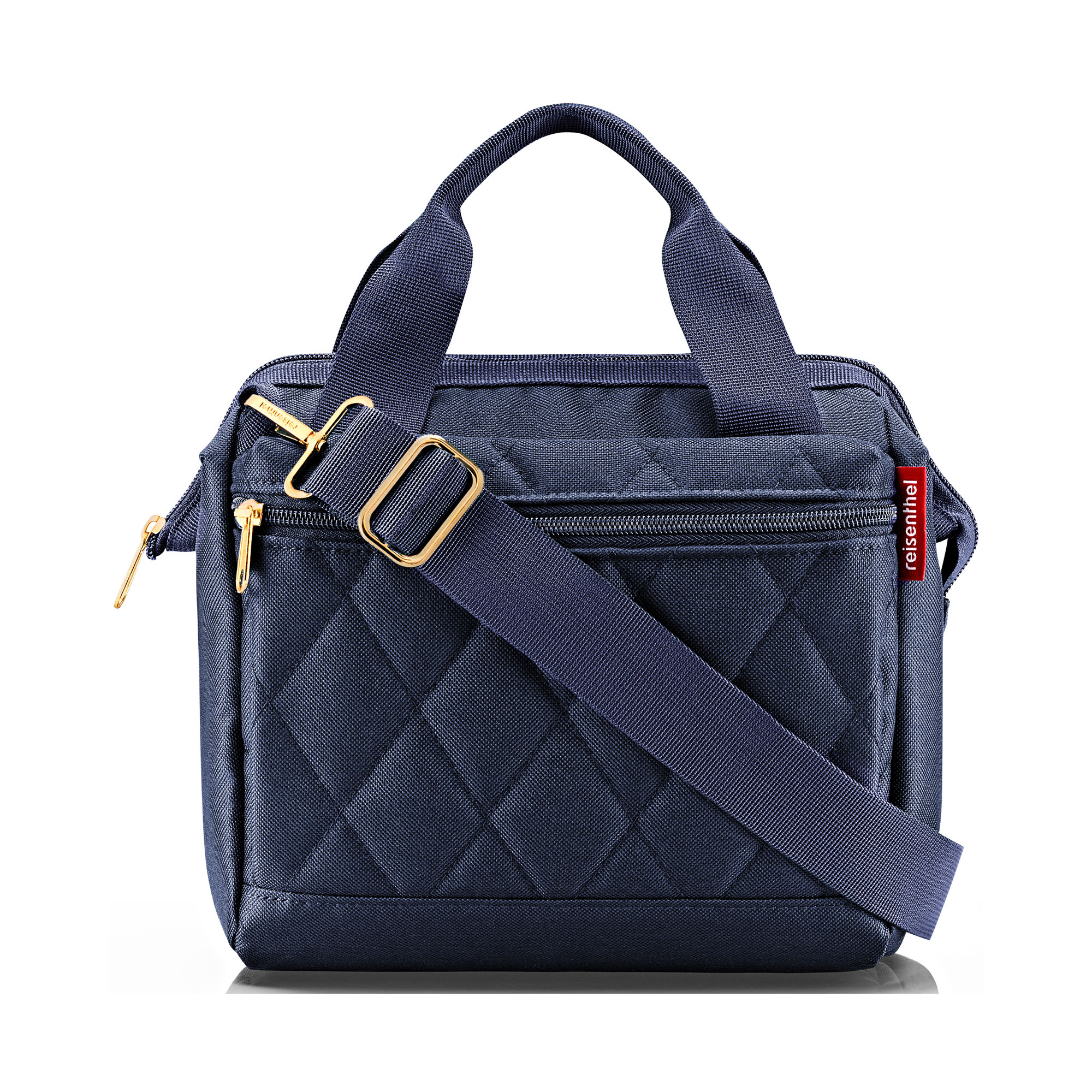 Dunkelblaue Reisenthel Tasche mit Steppmuster, Schultergurt und goldfarbenen Details