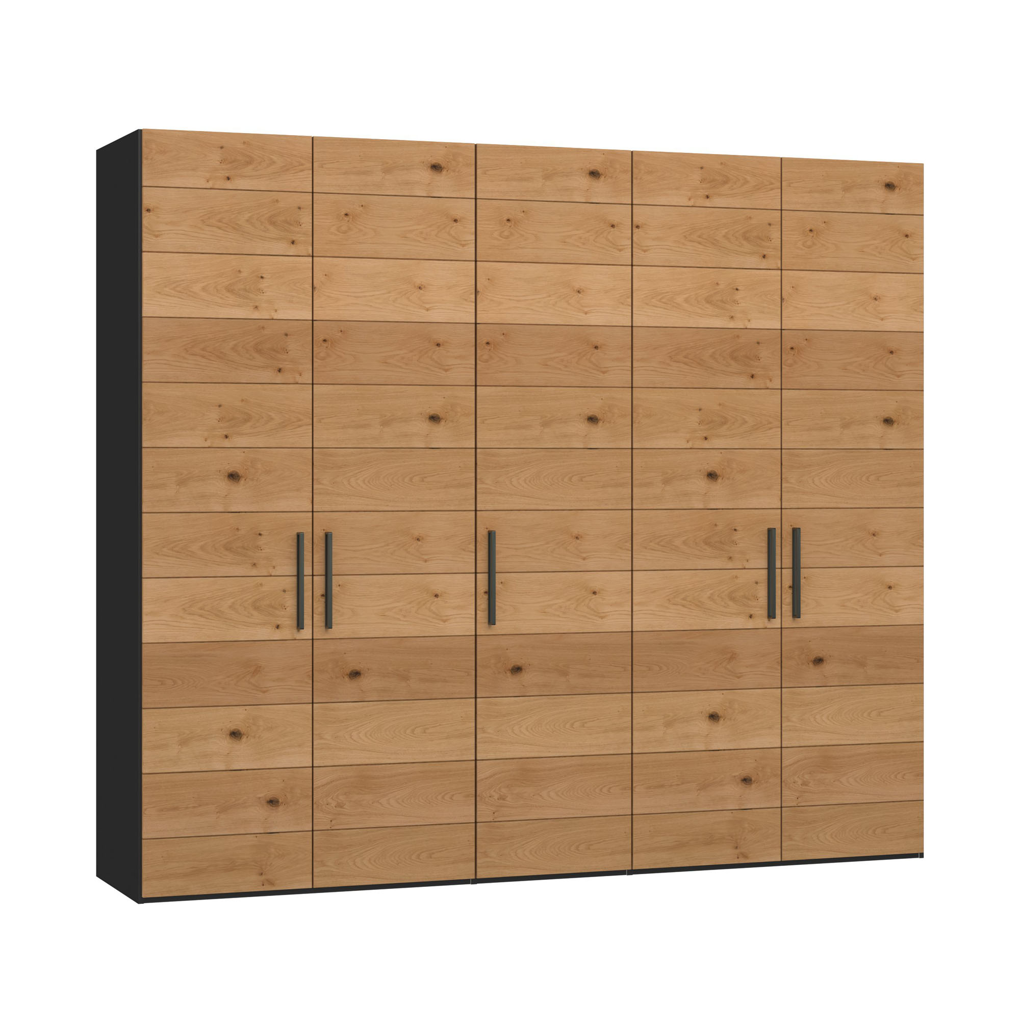 Drehtürenschrank mit geschlossenen Türen und horizontal strukturierter Holzoptik