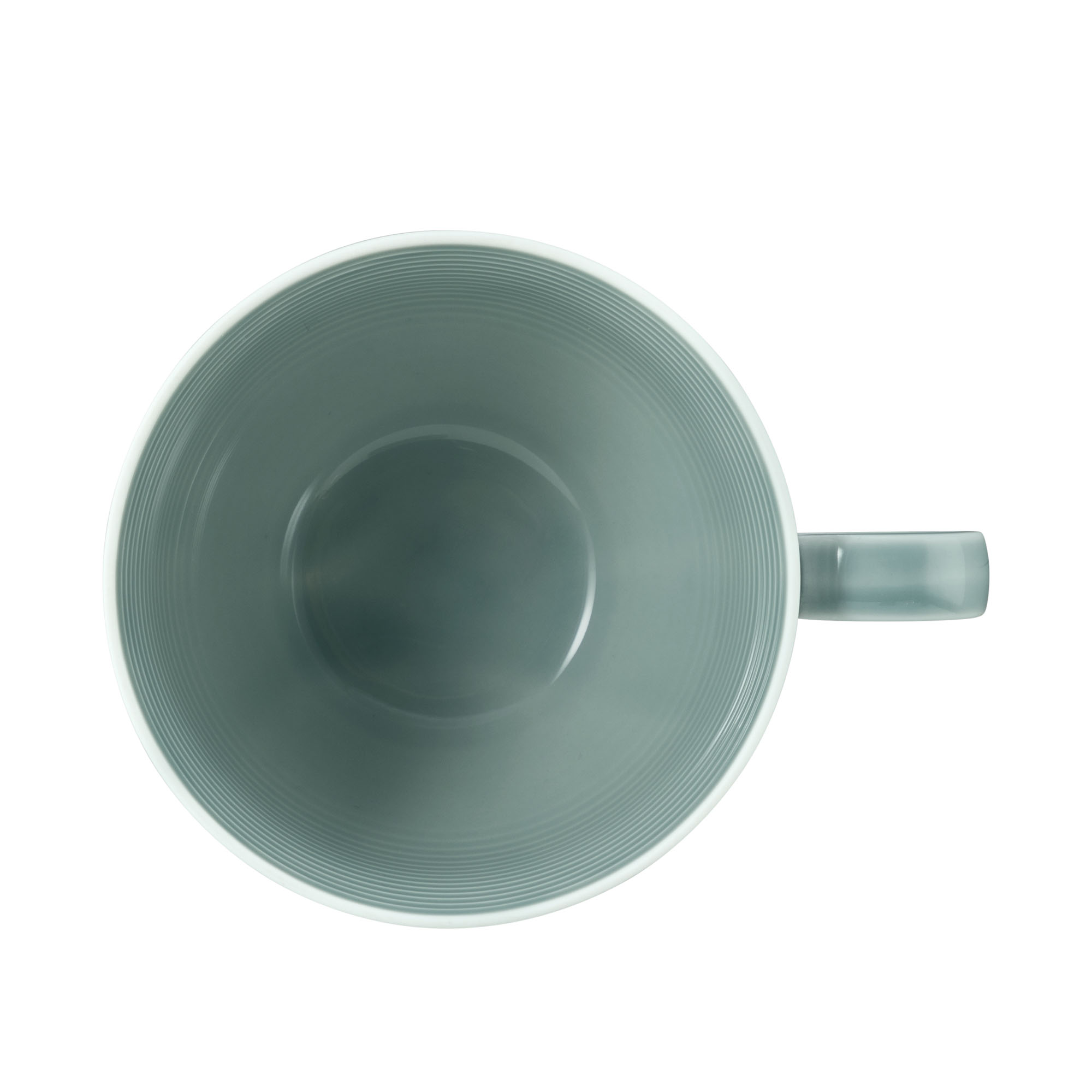 Tasse in Blaugrau. Sichtbare Merkmale: bauchig mit waagerechter Rillenstruktur und Henkel. Darstellung: Draufsicht.