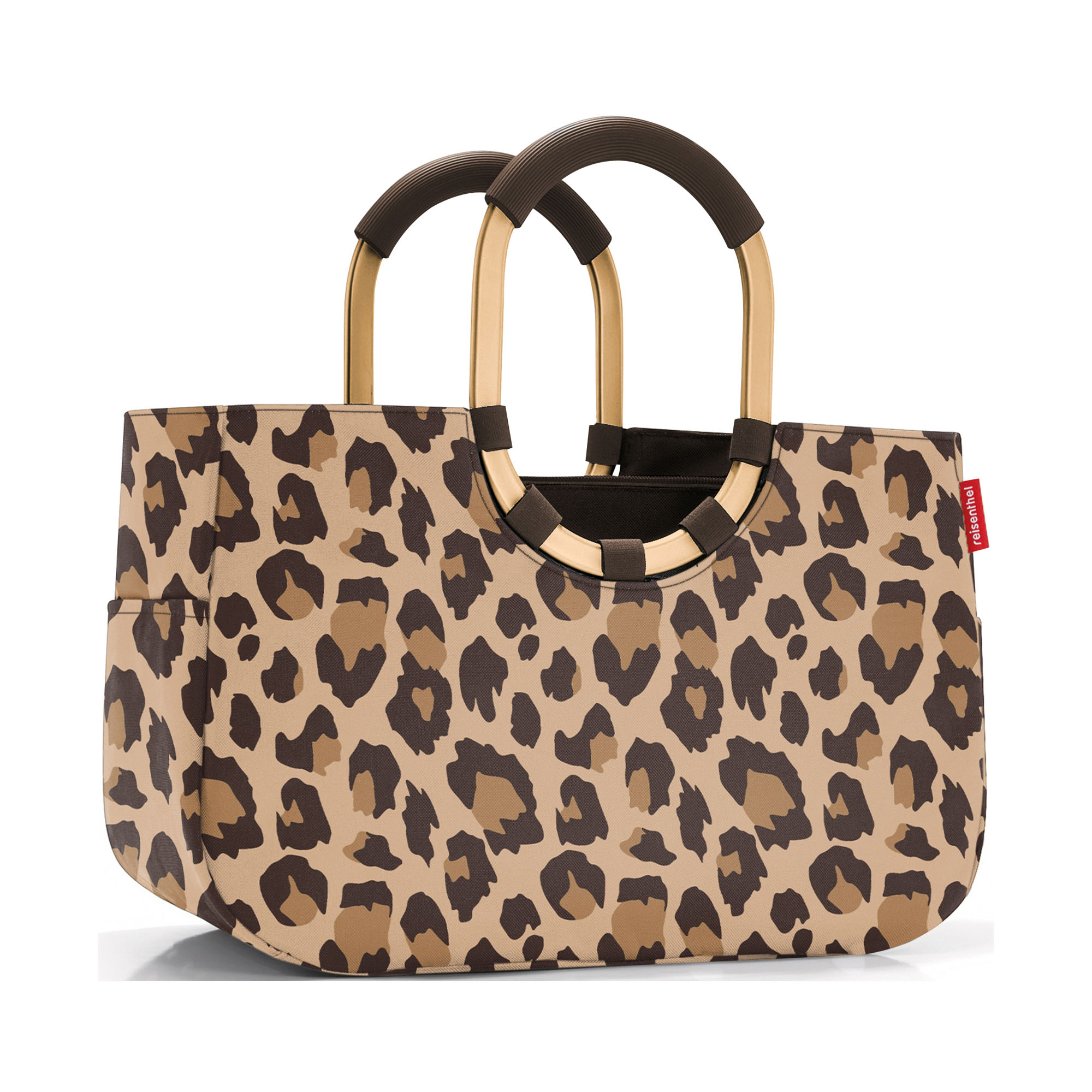Shopper von Reisenthel, Modell Loopshopper M, in Beige und Braun mit Leopardenmuster und braun-goldfarbenen Rahmendetails, frontal mit zwei ovalen Ringgriffen.