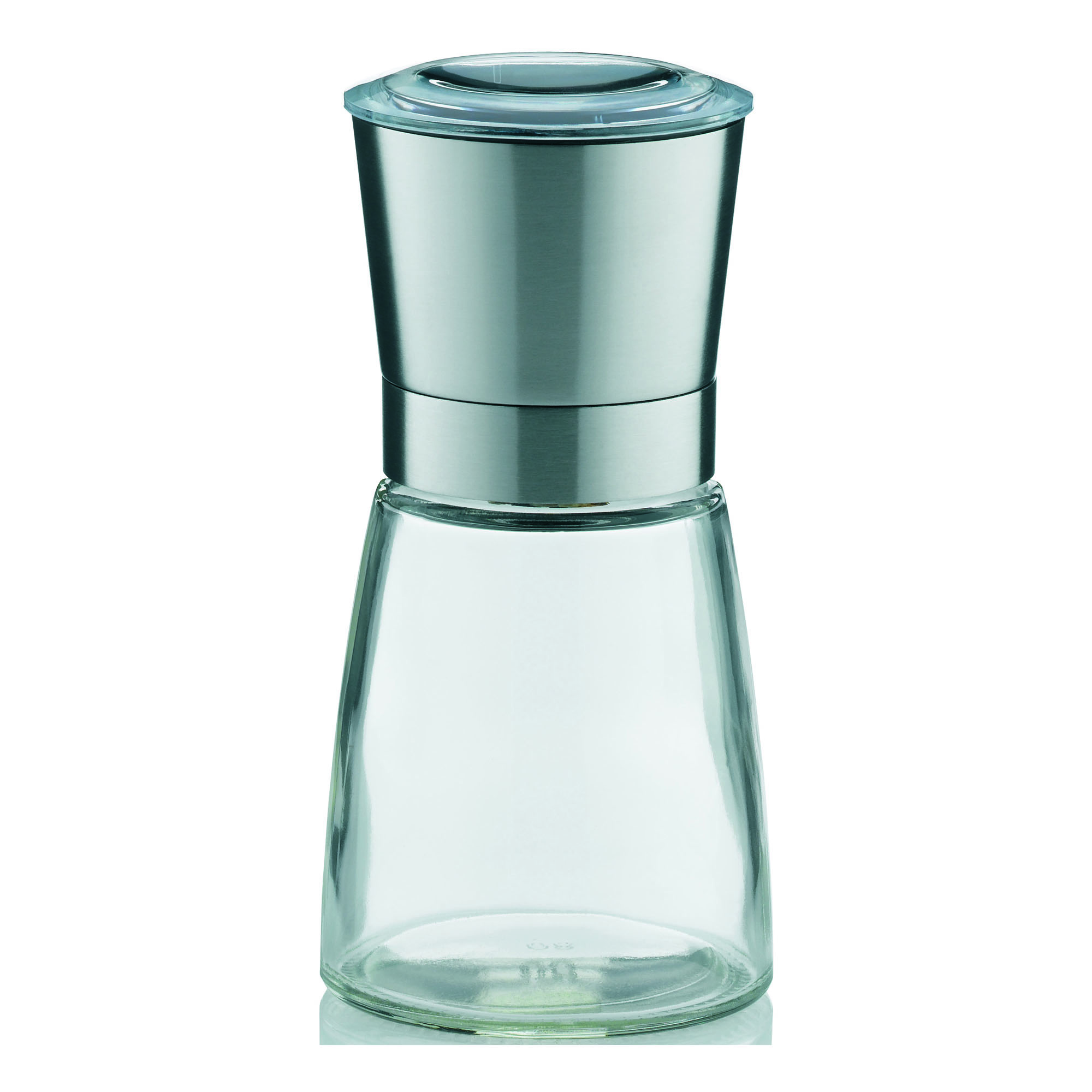 Transparente Salz und Pfeffermühle mit bauchigem Glasbehälter und dunkelgrauem Mahlkopf vor weißem Hintergrund