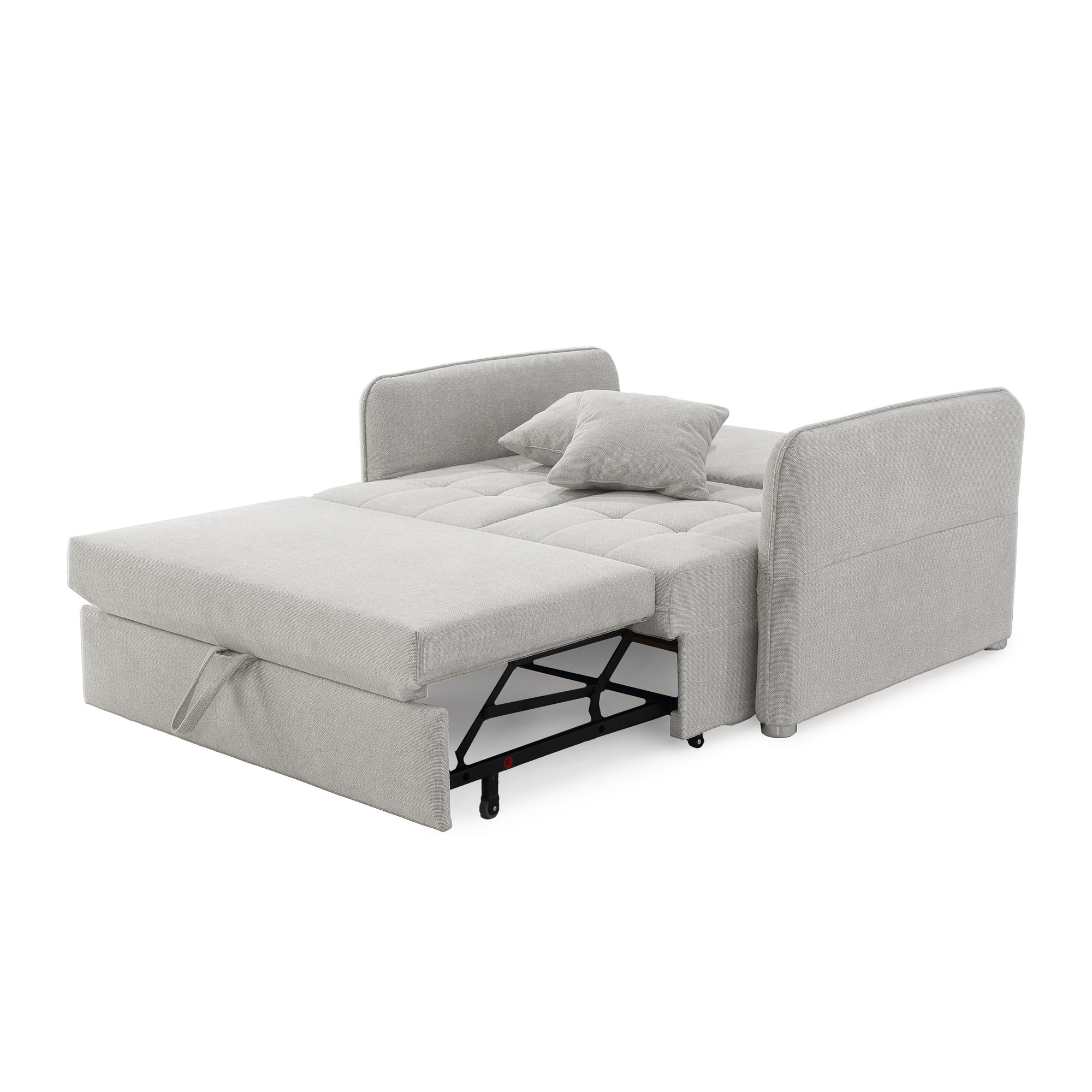 Hellgraues Schlafsofa mit verstellbaren Armlehnen und dekorativen Kissen in moderner Optik