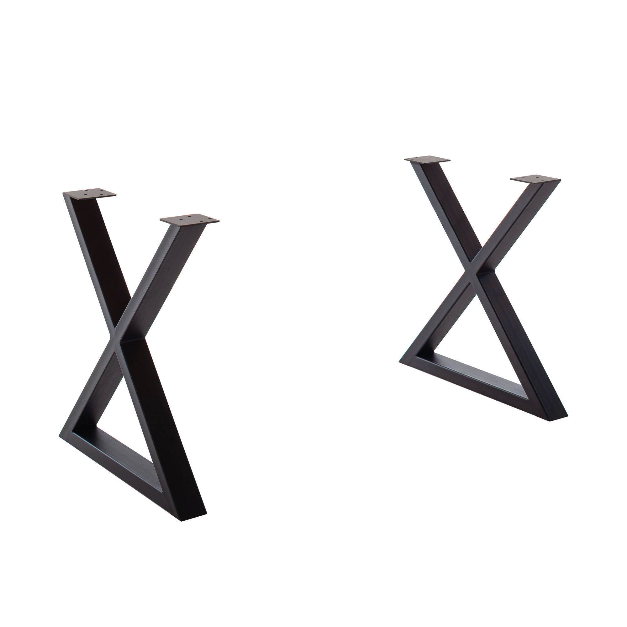 Zwei schwarze X-förmige Metallgestelle für einen Esstisch, separat ohne Tischplatte, vor weißem Hintergrund.