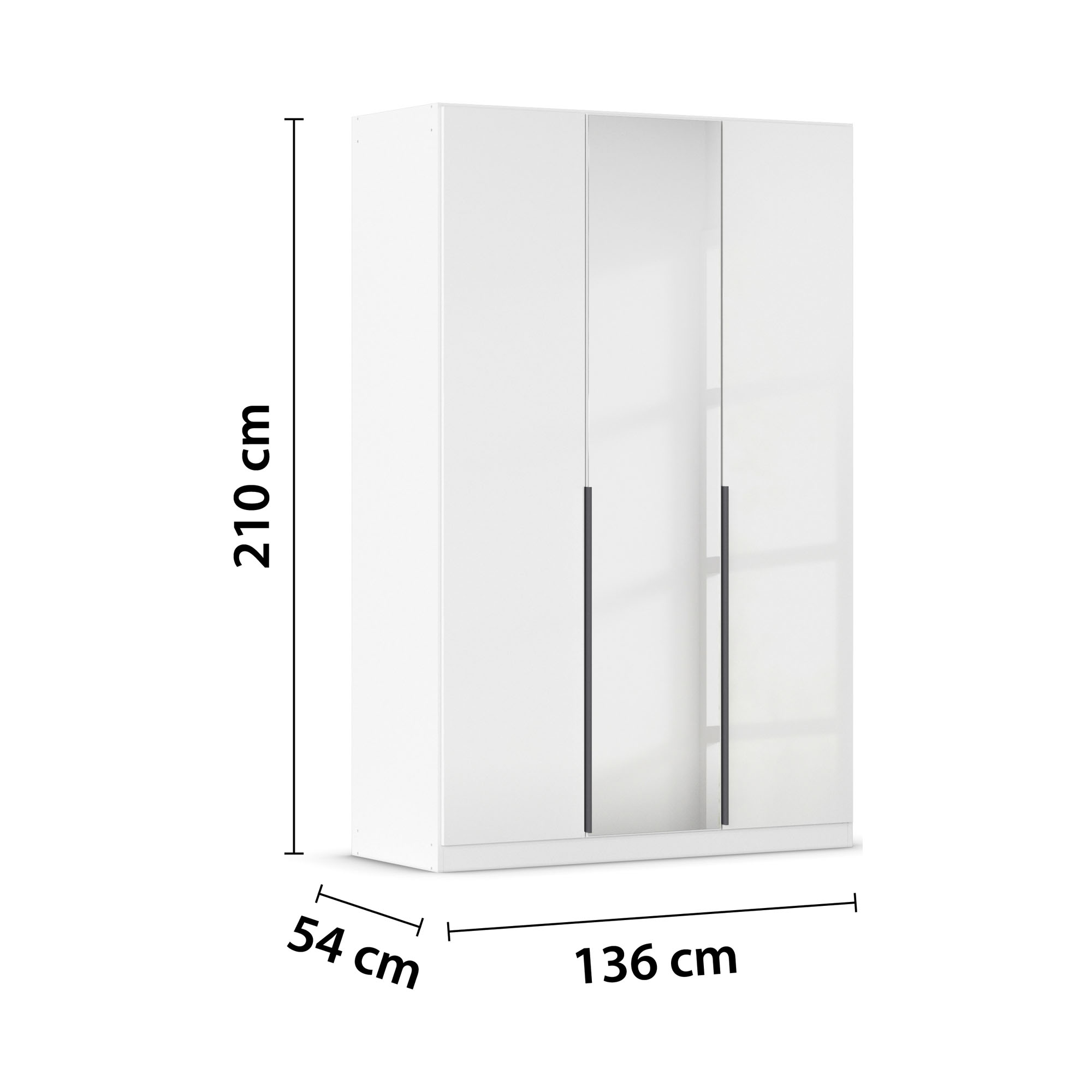 Drehtürenschrank in Weiß Hochglanz mit drei Türen und Spiegeltür, inklusive Maßangaben 136 cm Breite, 210 cm Höhe und 54 cm Tiefe