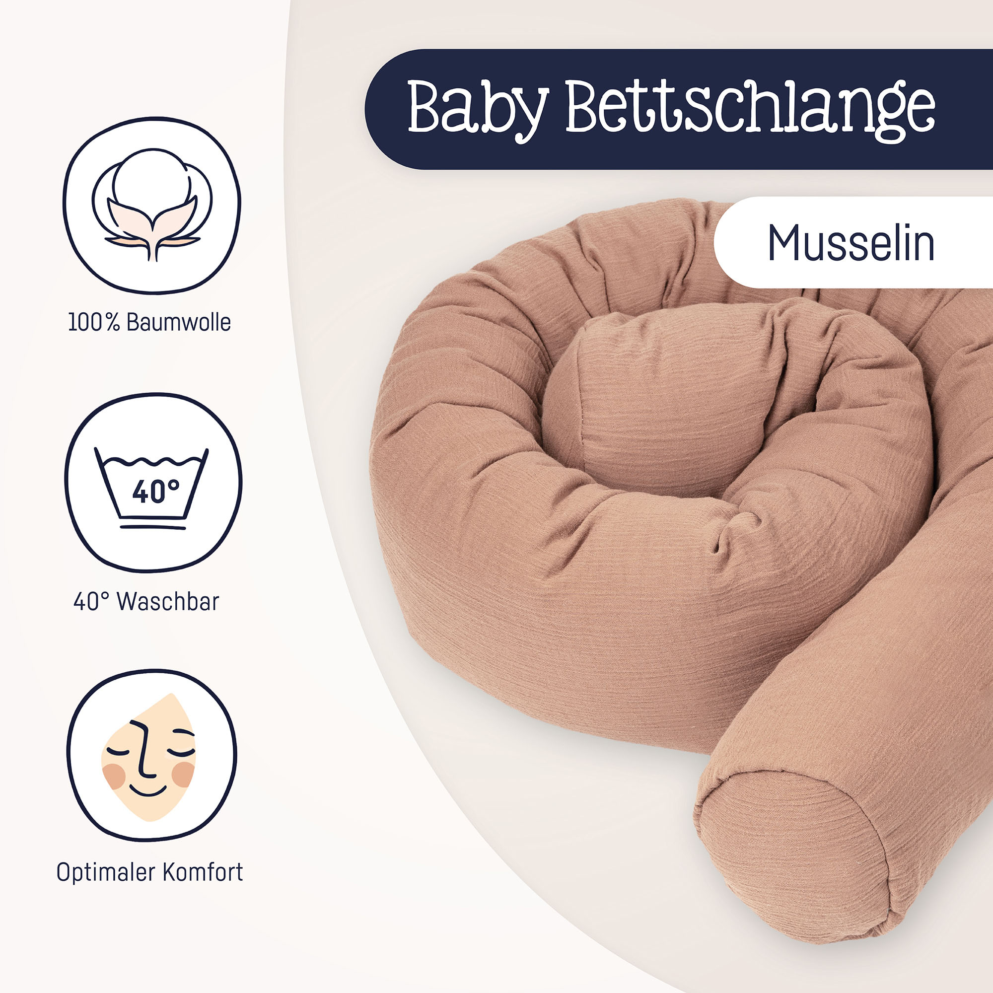 Terracottafarbene Musselin-Bettschlange mit Icons zu 100 % Baumwolle, 40 ° waschbar und optimalem Komfort