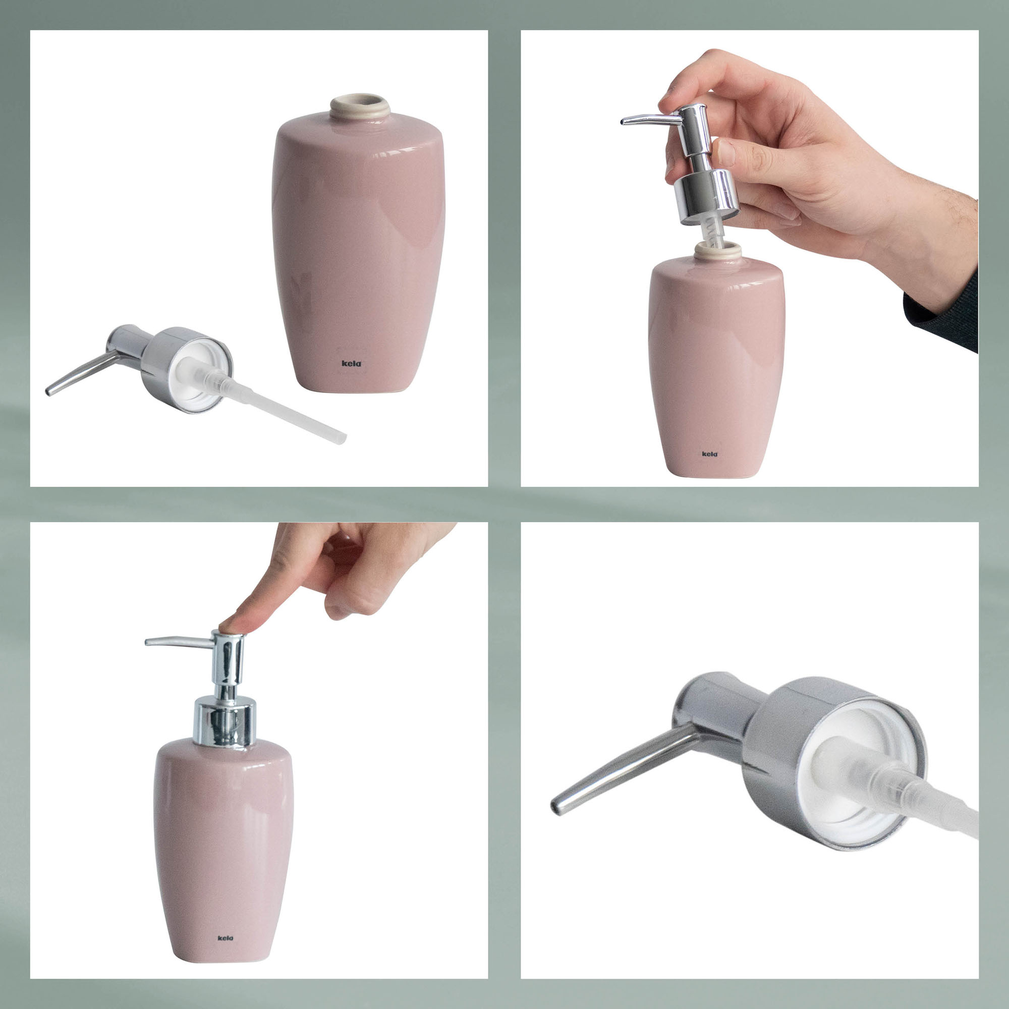 Collage mit herausgenommener Pumpe Bedienung des Pumpkopfs Behälteröffnung und Unterseite des Seifenspenders