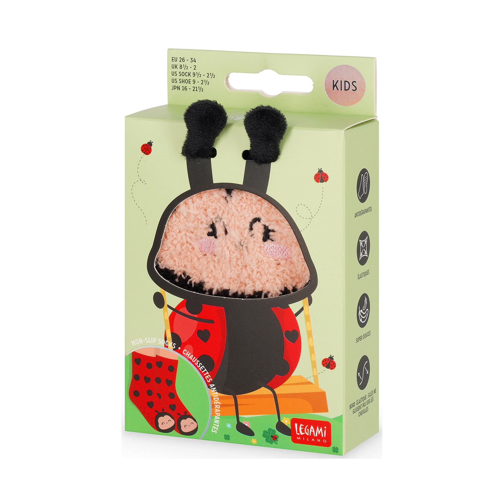 Rutschfeste Socken für Kinder – Marienkäfer von Legami: Socken in der bedruckten Originalverpackung mit Tiermotiv.