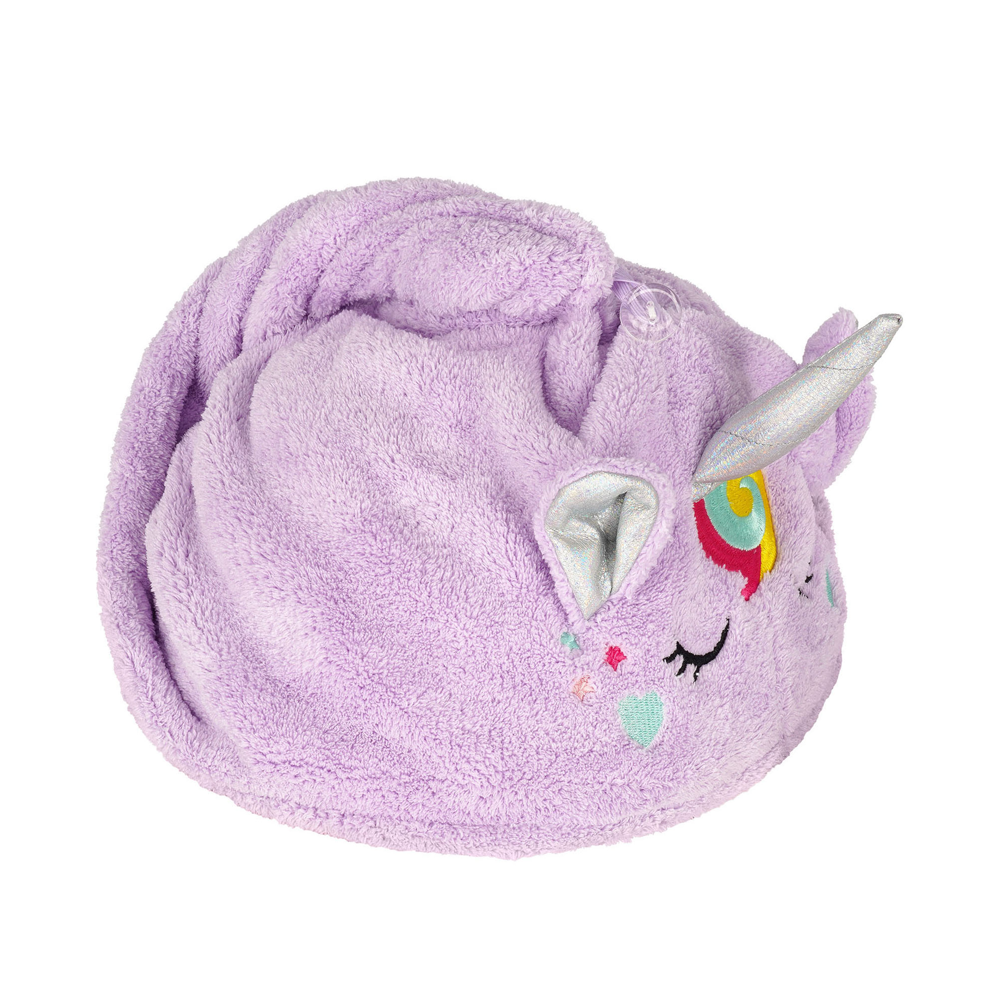 Lilafarbenes Haarturban-Handtuch im Einhorn-Design, zusammengerollt mit sichtbarem Tiermotiv gezeigt.