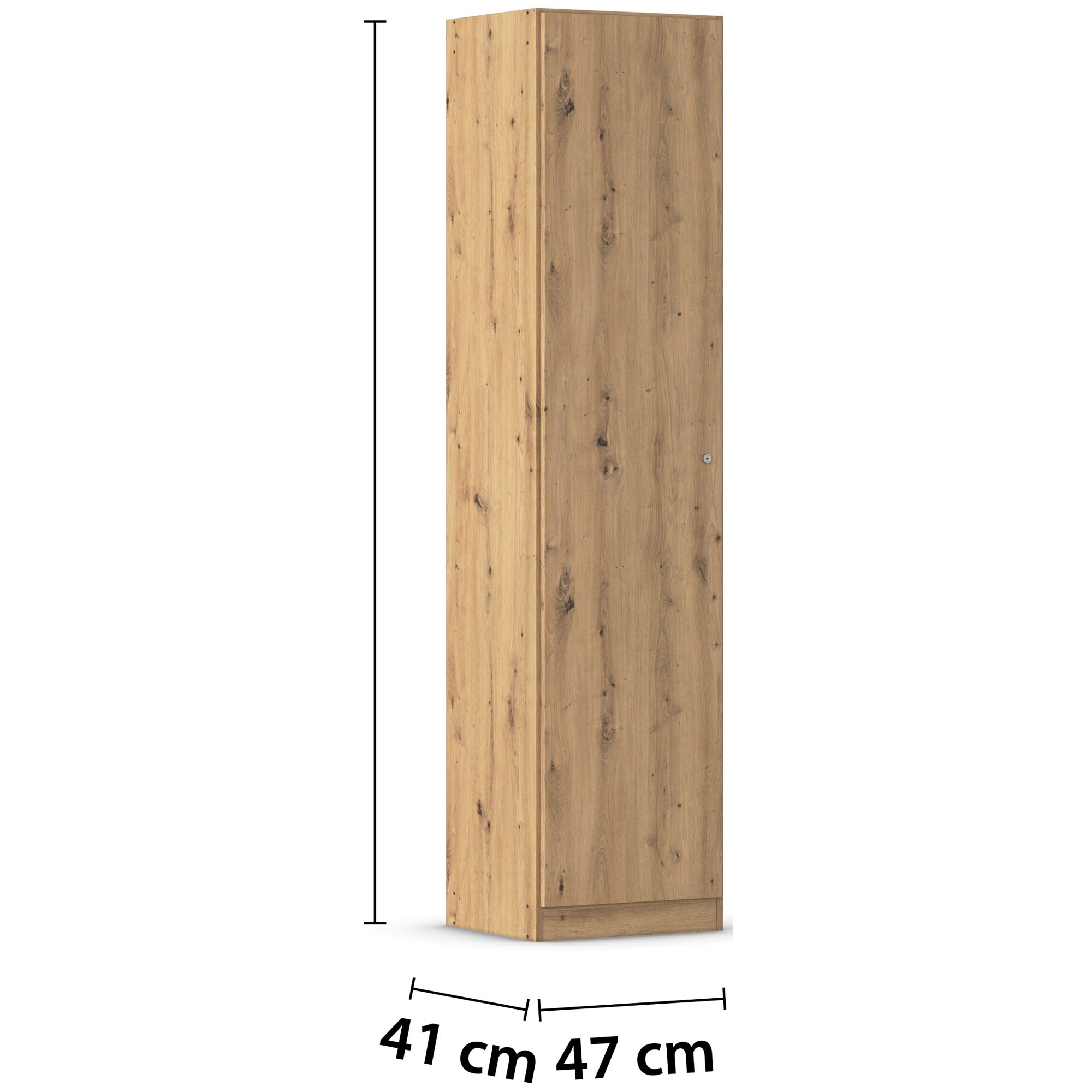 Schrägansicht eines 1-türigen Drehtürenschranks im Dekor Eiche Artisan mit Griff in Grau Metallic, Maße Breite 47 cm, Höhe 197 cm, Tiefe 41 cm