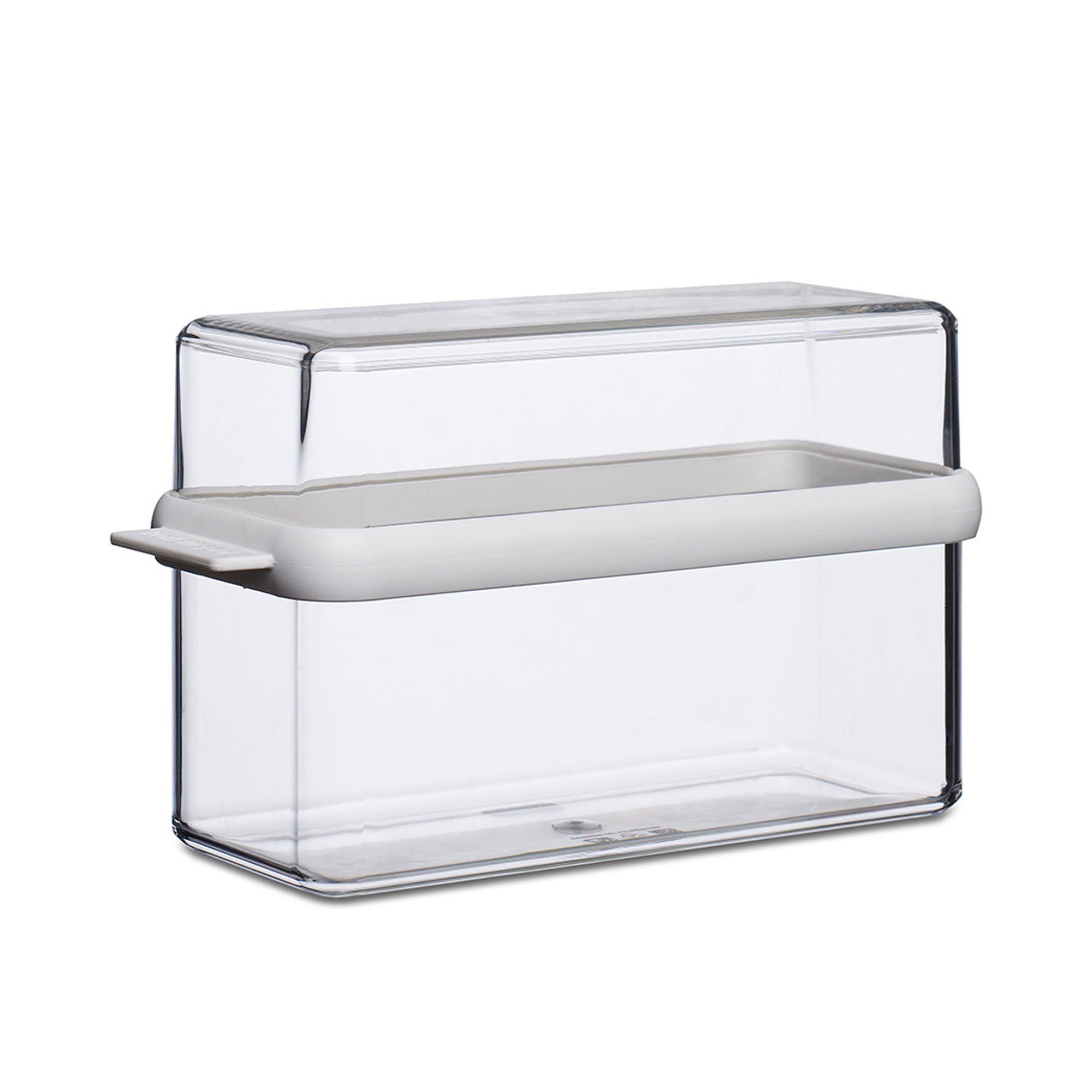 Leere, transparente Knäckebrotdose Stora, 1,6 Liter, mit rechteckigem Körper, hoher Haube und umlaufendem weißem Griffrahmen.