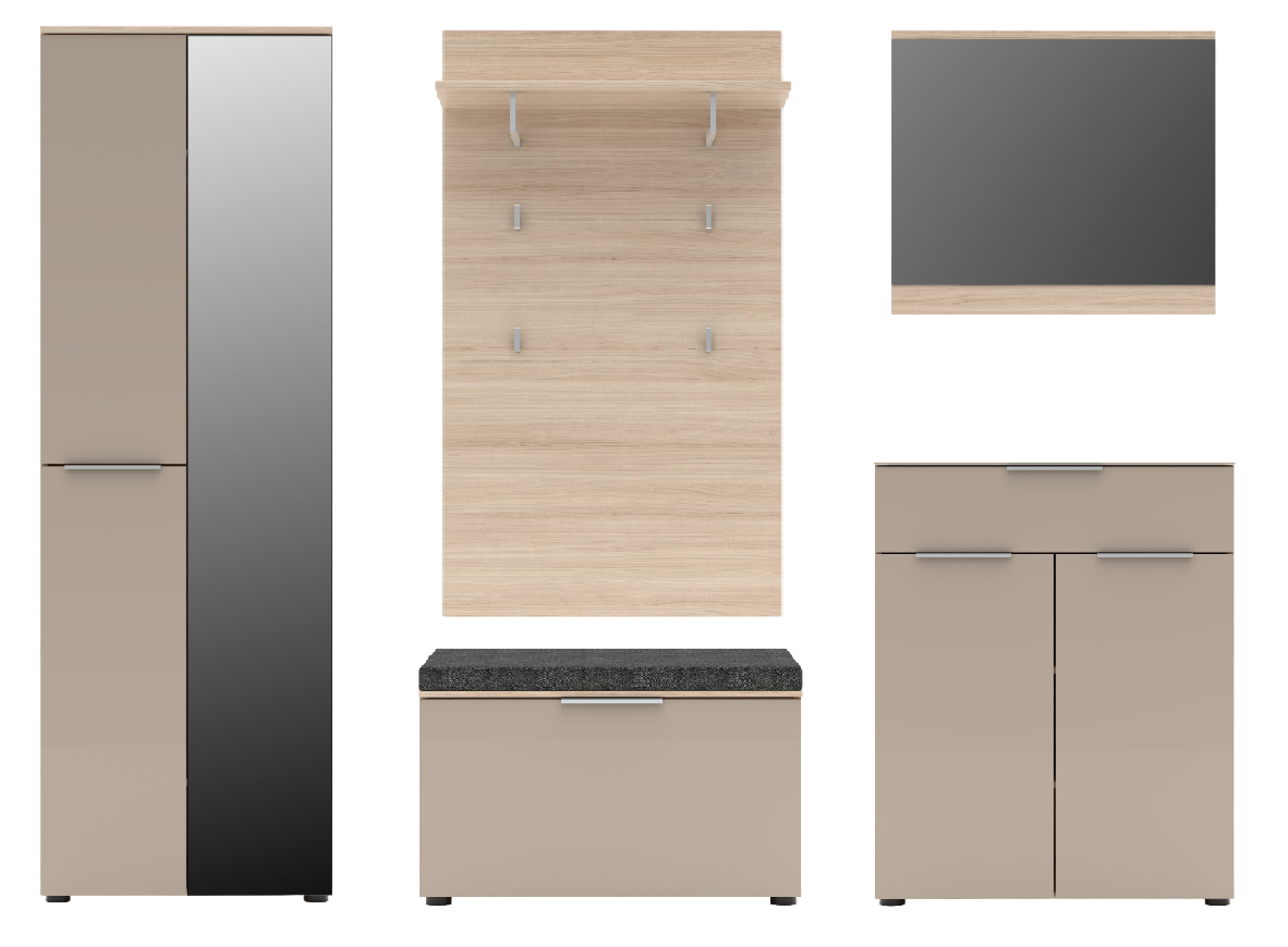 Frontalansicht eines Garderoben-Sets mit Hochschrank, Garderobenpaneel, Schuhbank, Wandspiegel und Kommode in hellem Holz und Beige.