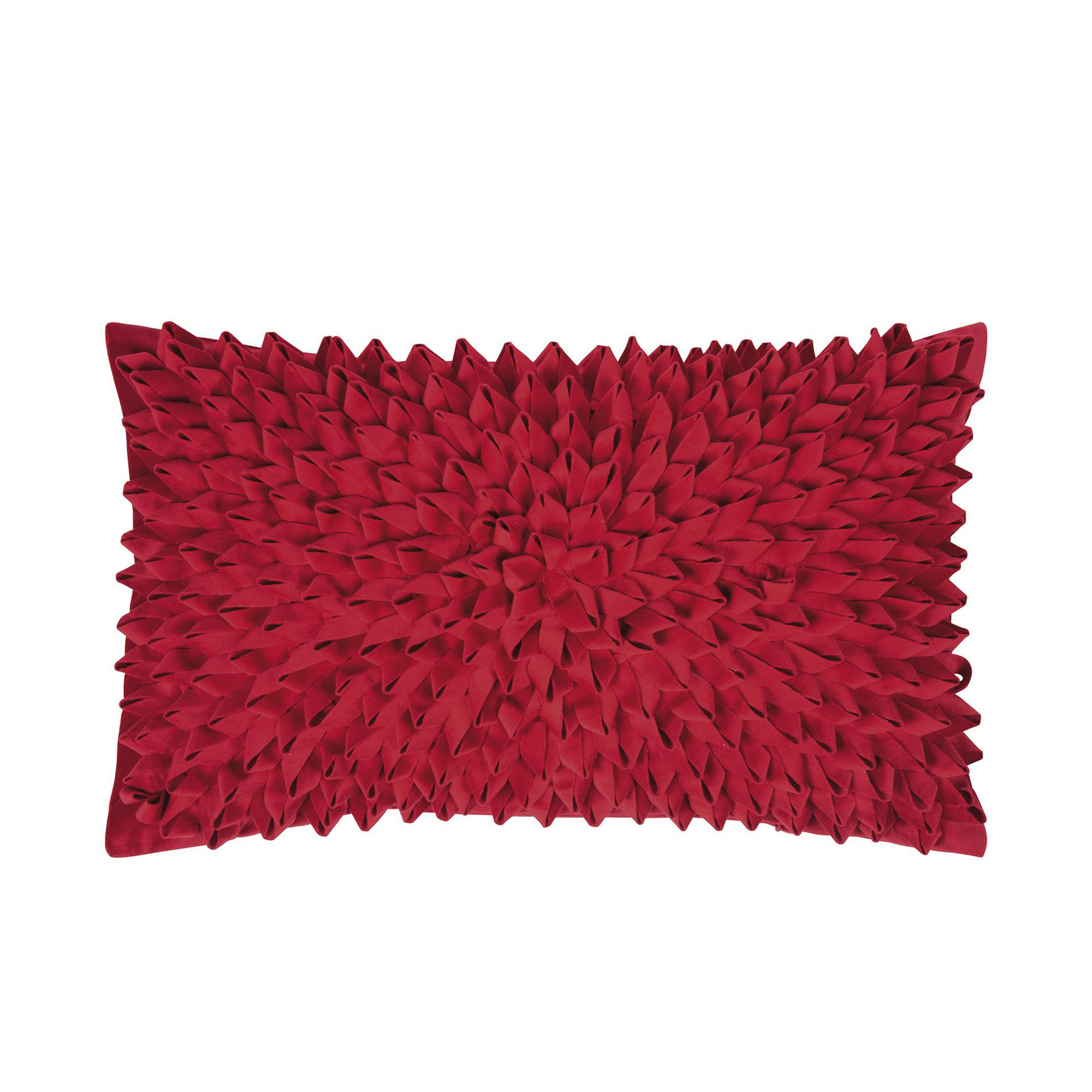 Rote Kissenhülle Sentiment, 30 × 50 cm, mit dicht gesetzten dreidimensionalen Stoffelementen in Blütenoptik.