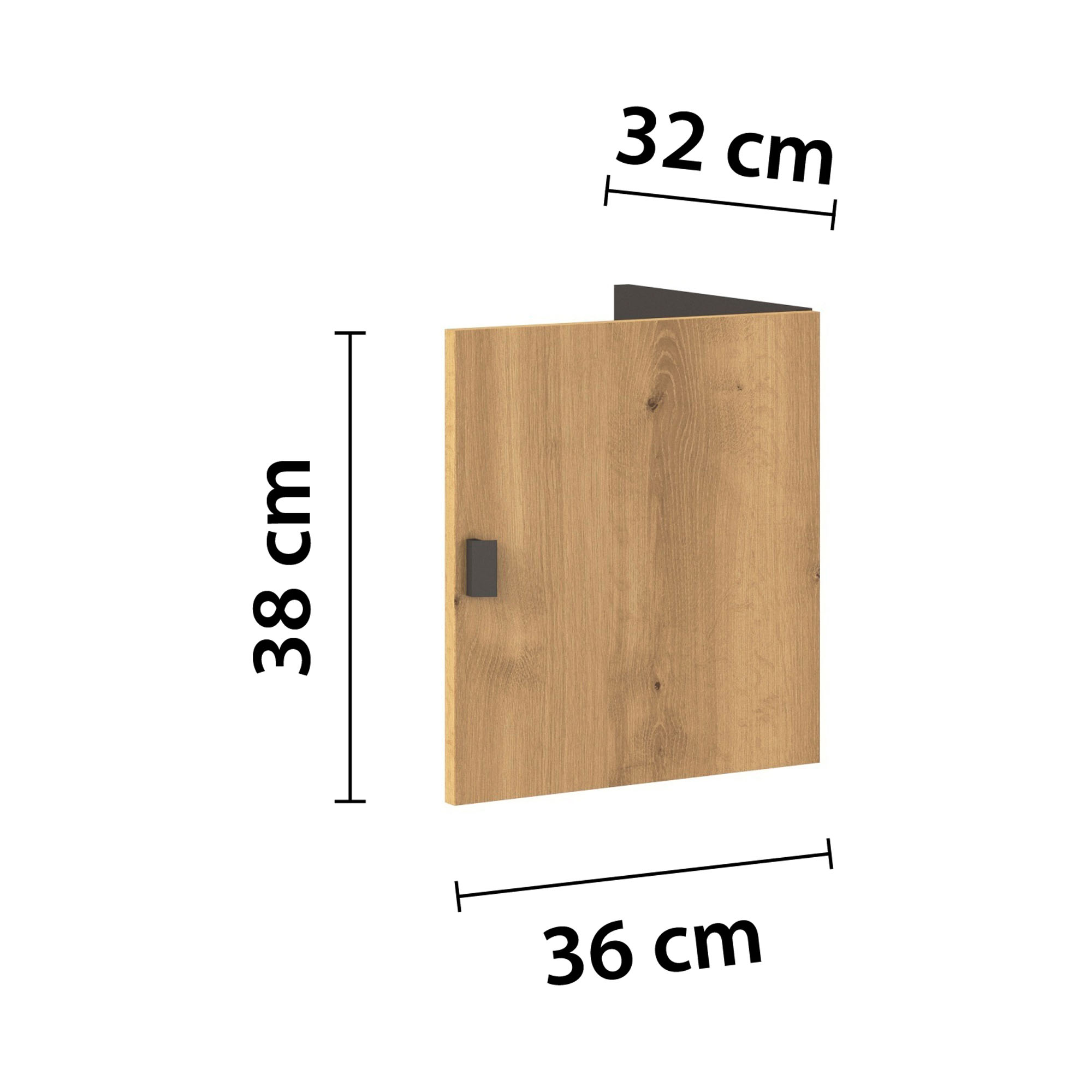 Einzeltür im Dekor Asteiche mit Maßangaben Höhe 38 cm, Breite 36 cm und Tiefe 32 cm