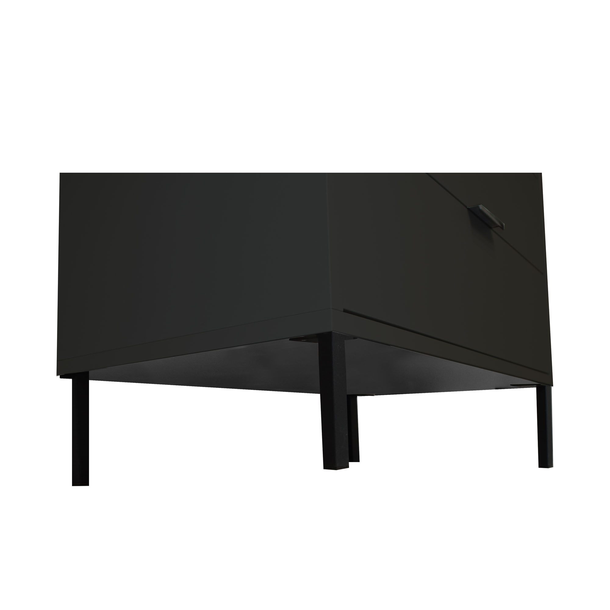 Schwarzes Fußset aus Metall mit vier stabilen Beinen, montiert unter einem Möbelstück für sicheren Stand und modernes Design