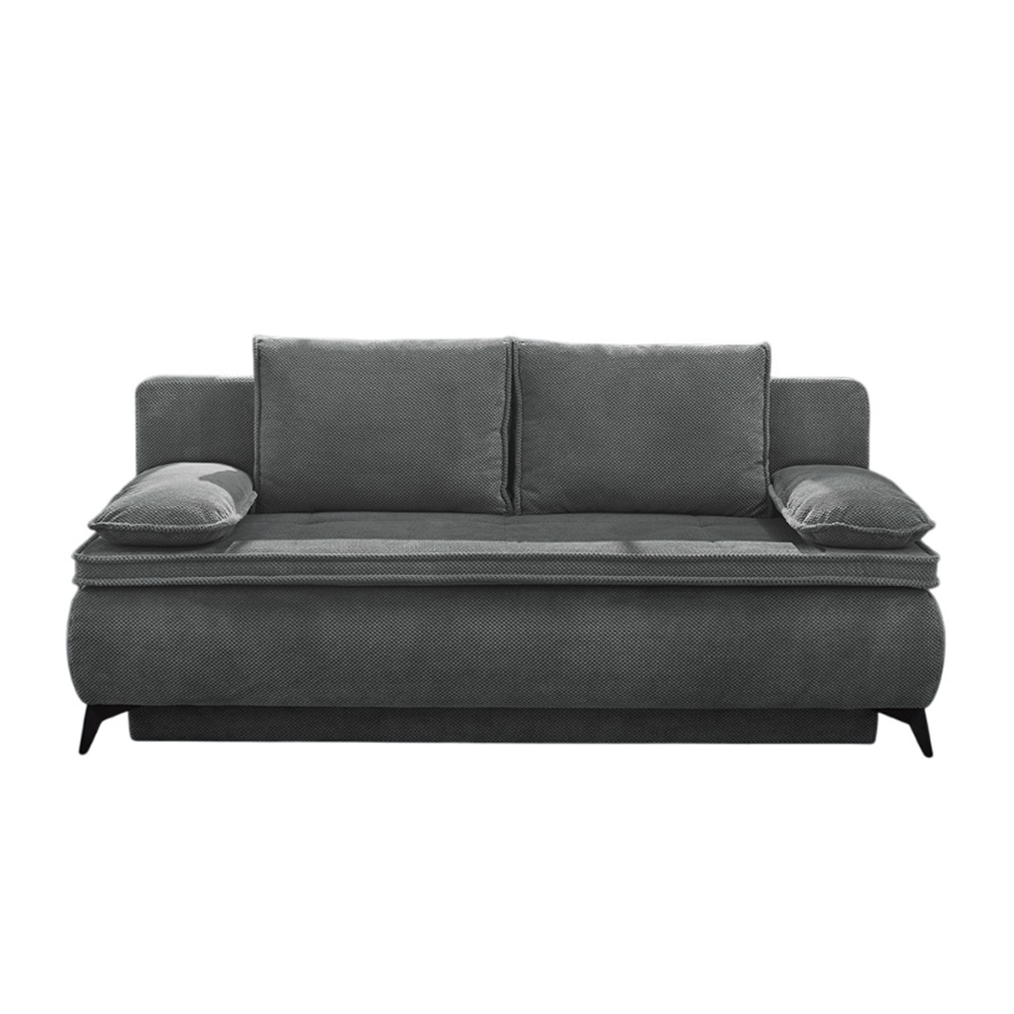 Funktionssofa in Grau, Stellmaß 205x91x97 cm, mit Bezug komplett in Grau, vier Kissen in Waffelcord Grau und schwarzen Metallfüßen