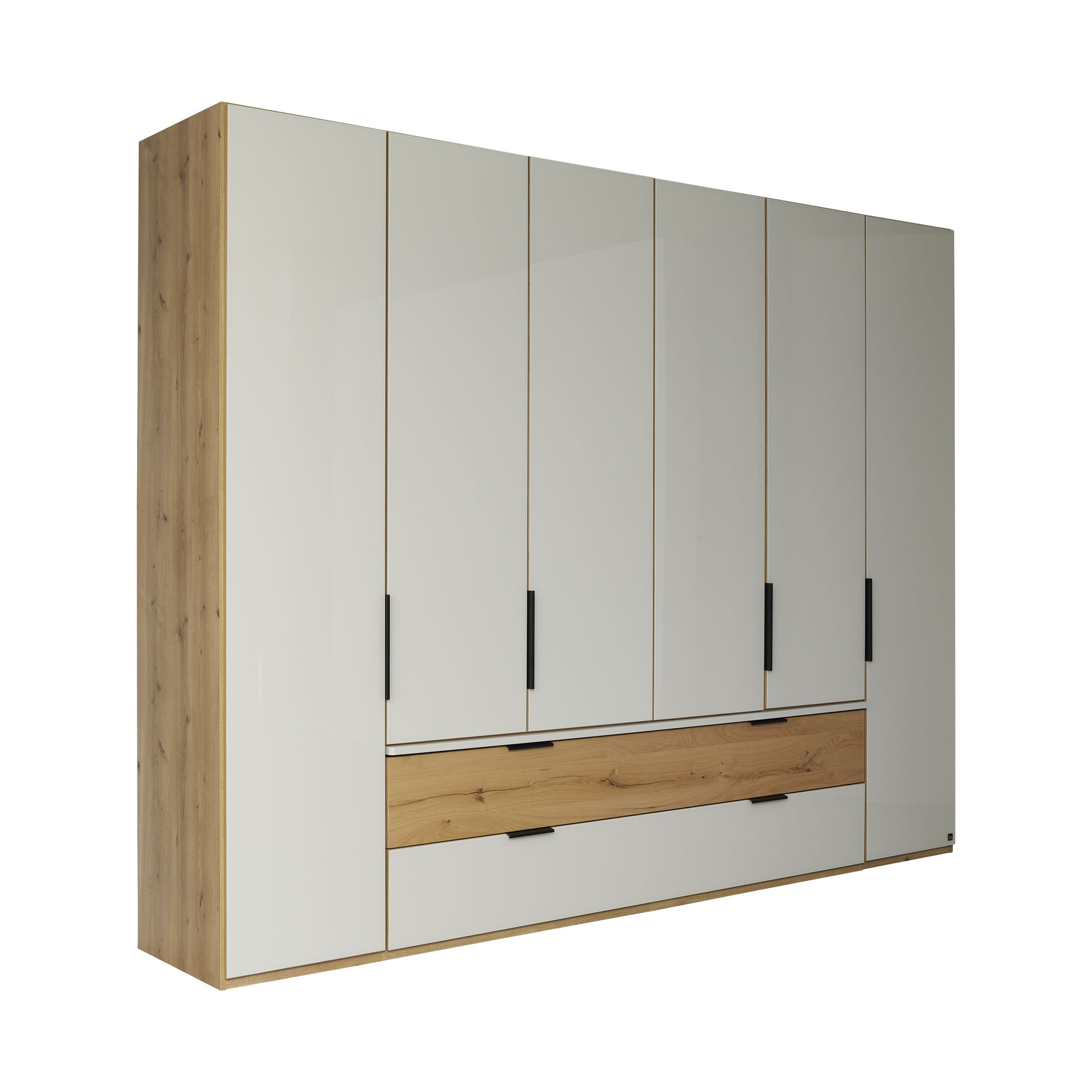 Großer Kleiderschrank Interliving 1034 mit mehreren Drehtüren, zwei Schubladen und Rahmen in Holzoptik