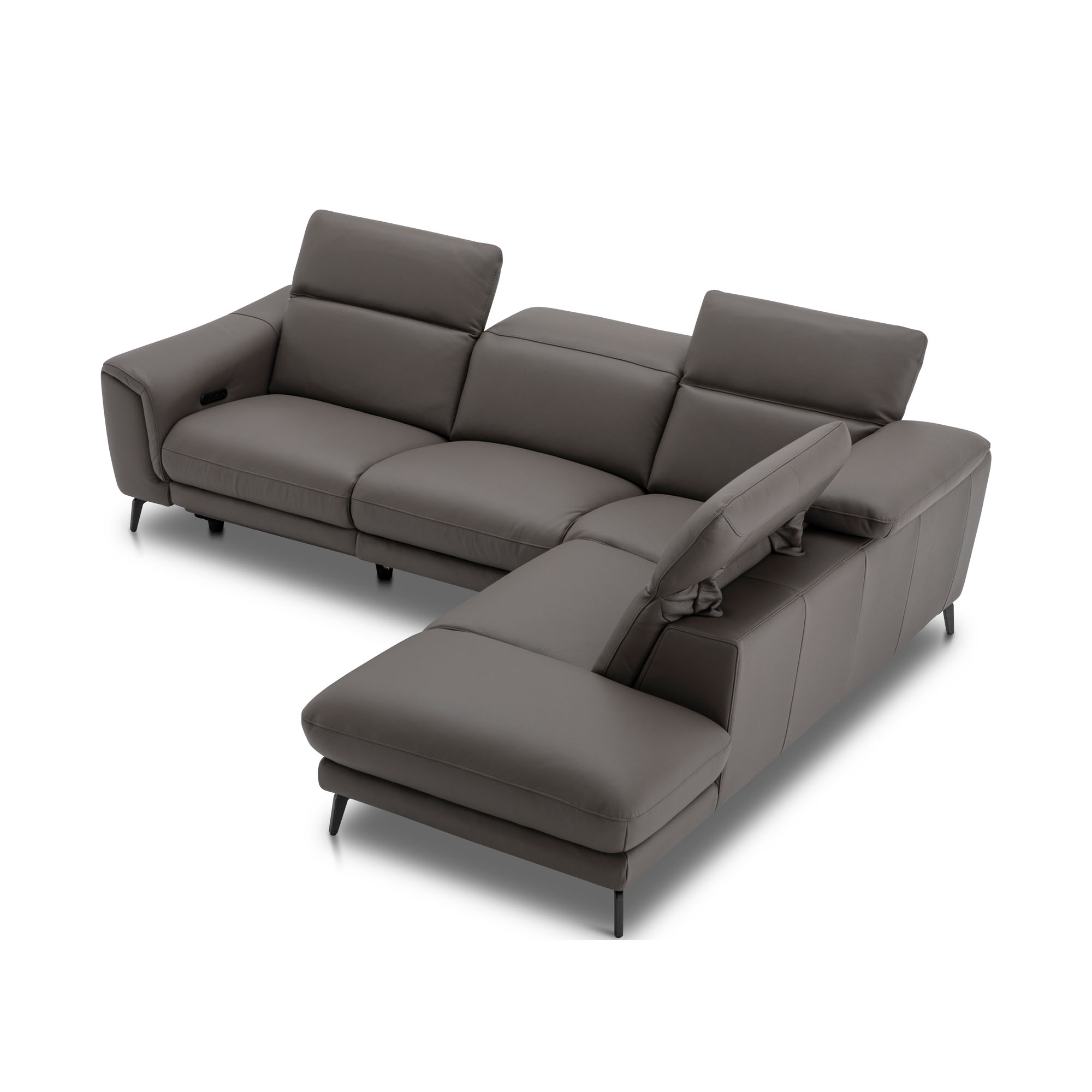 Graues Ecksofa mit verlängerter Recamiere und individuell verstellbaren Rückenlehnen