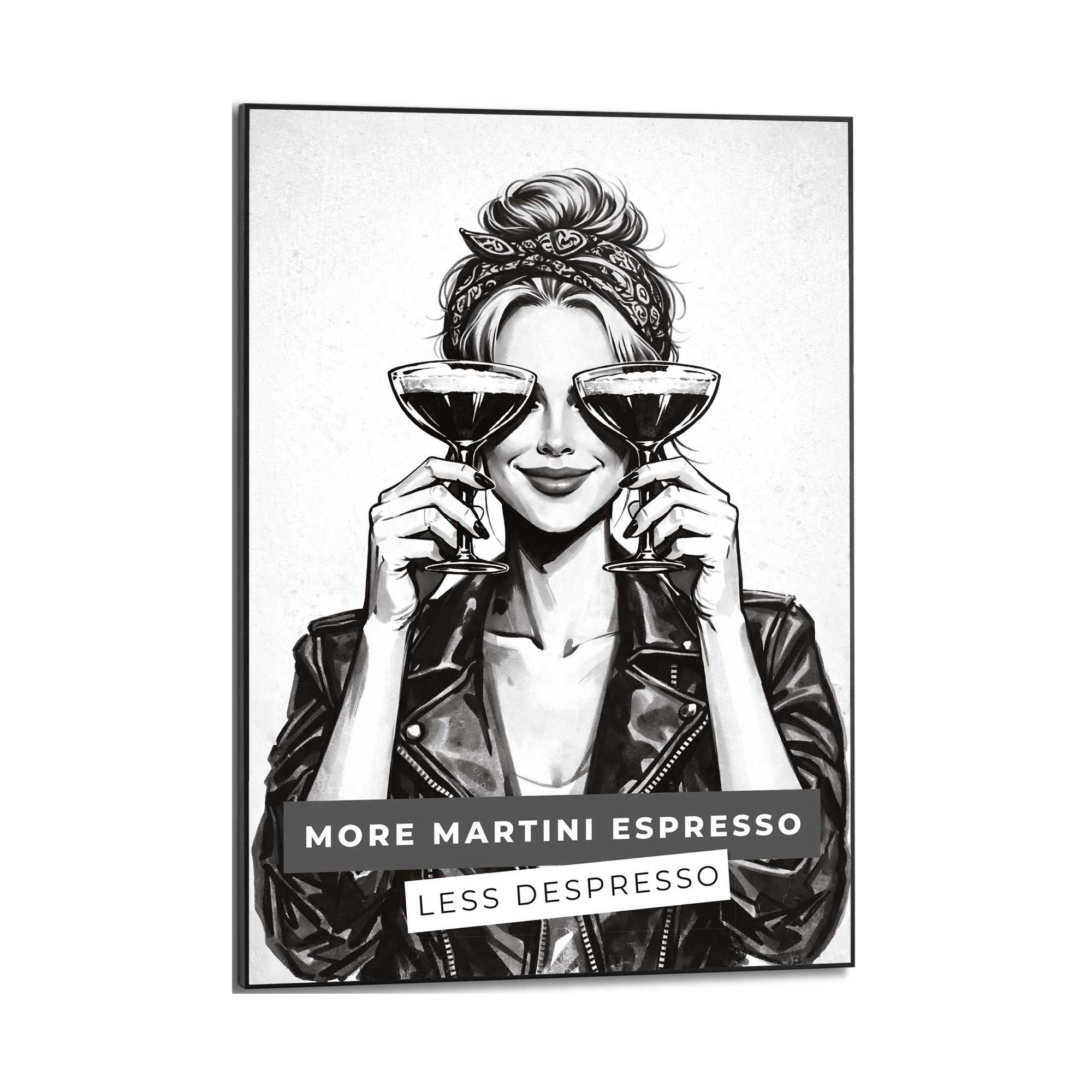 Frontansicht des Wandbilds „Less Depresso“ in Schwarz-Weiß, Größe 50 × 70 cm; das vollständige Motiv ist zu sehen.