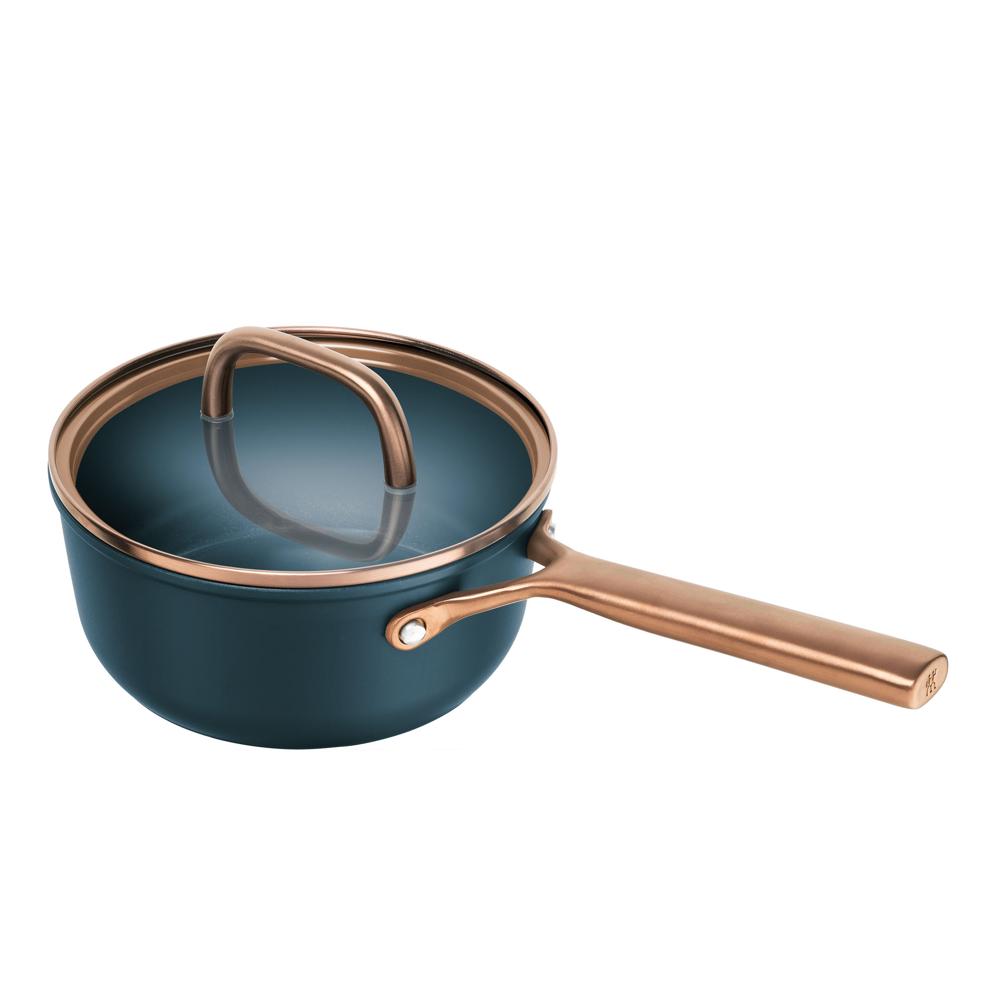 Stieltopf mit langem Griff und Glasdeckel, Serie Milano von ZWILLING, in Blau, Ø 18 cm, freigestellt auf weißem Hintergrund.