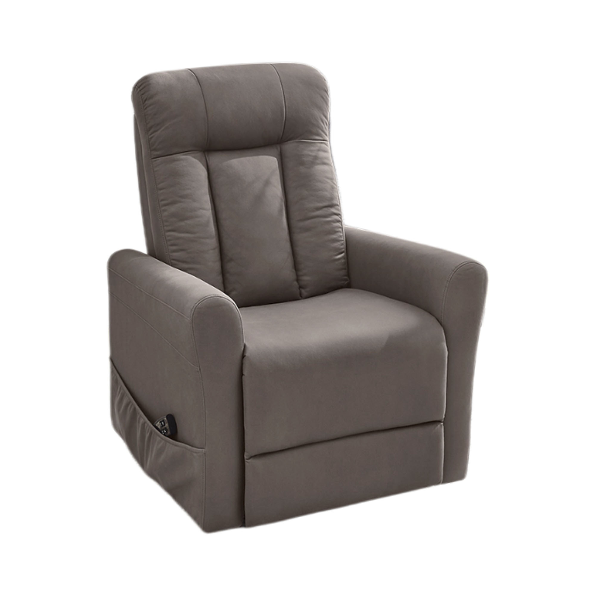 Bequemer Relaxsessel in grauem Stoff mit hoher Rückenlehne und gepolsterten Armlehnen.