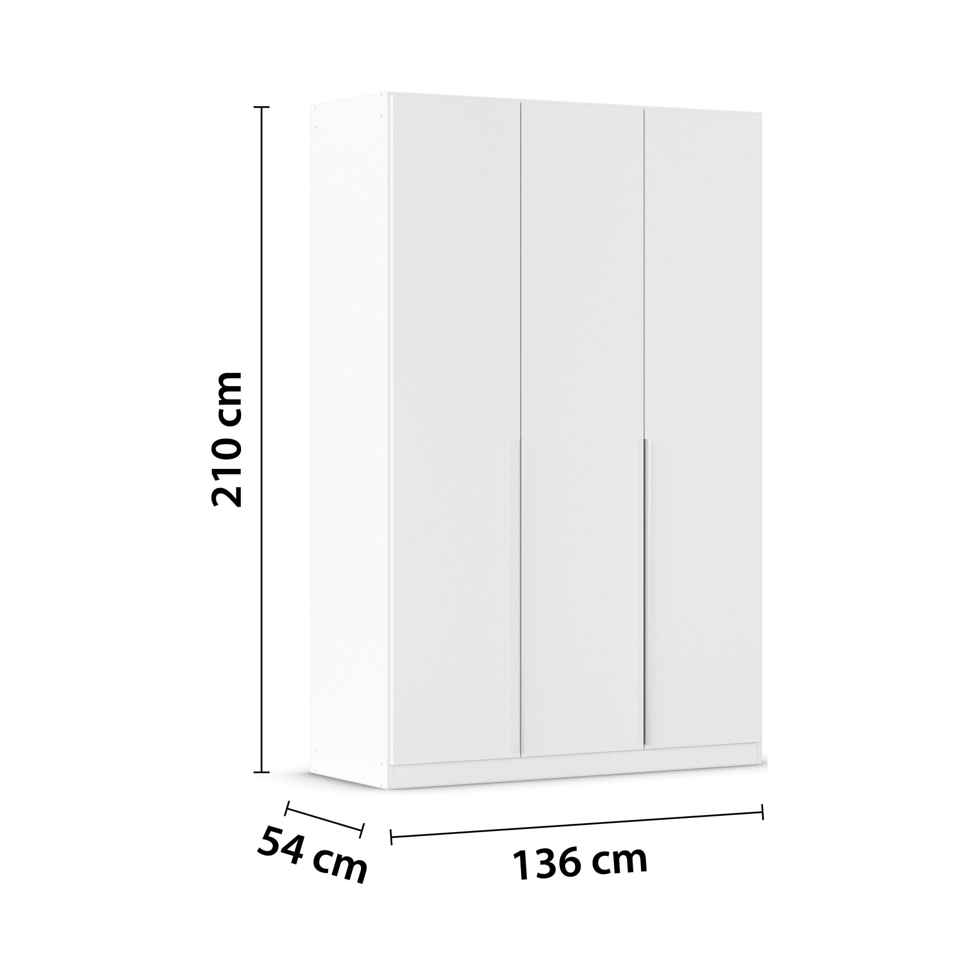 Weißer Kleiderschrank mit eingezeichneten Maßen von 210 cm Höhe, 136 cm Breite und 54 cm Tiefe