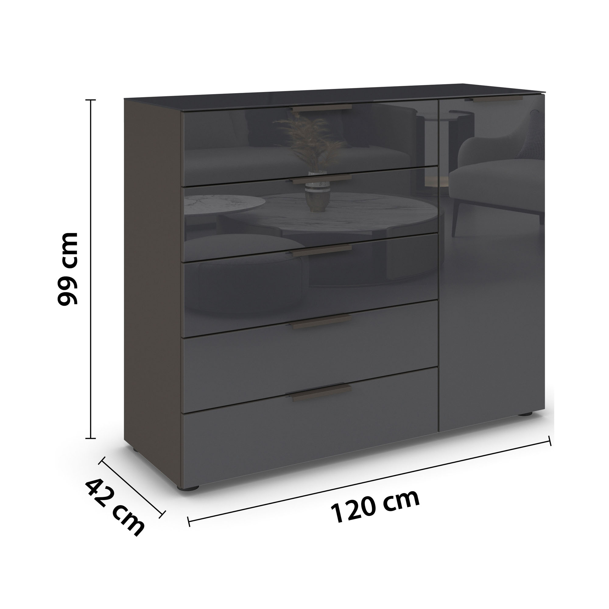 Schrägansicht einer 5-türigen Kommode in Graphit mit Front aus Basaltglas und Türanschlag rechts, Maße Breite 120 cm, Höhe 100 cm, Tiefe 42 cm